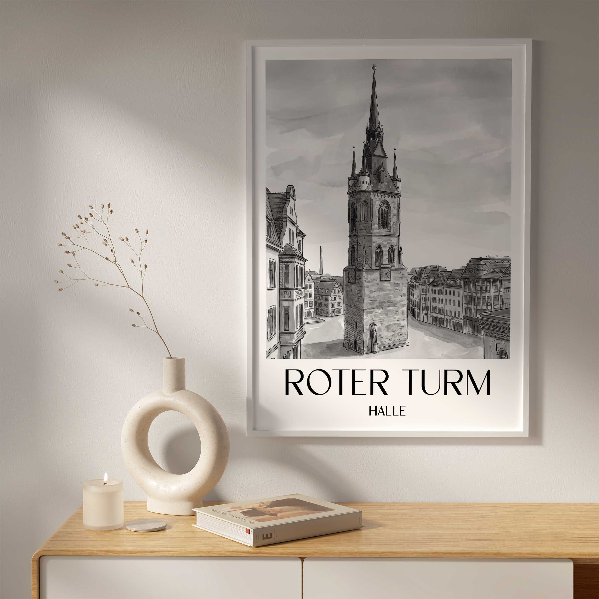 roter-turm-halle-deutschland-poster-aquarell-schwarz-weiss