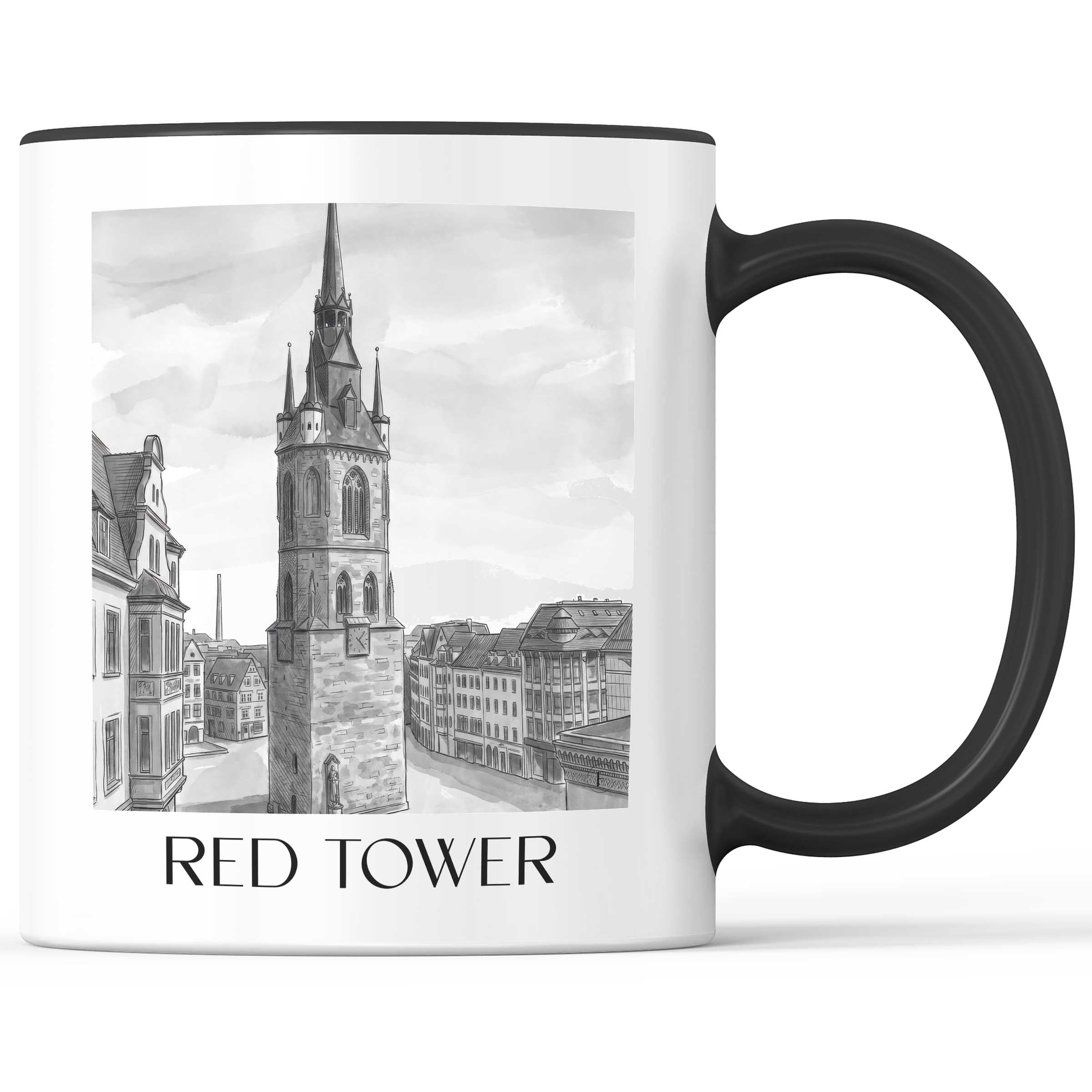 Roter Turm Kaffeebecher - Halle - Deutschland Becher - Kaffeetasse im Aquarell Schwarz-Weiß Stil