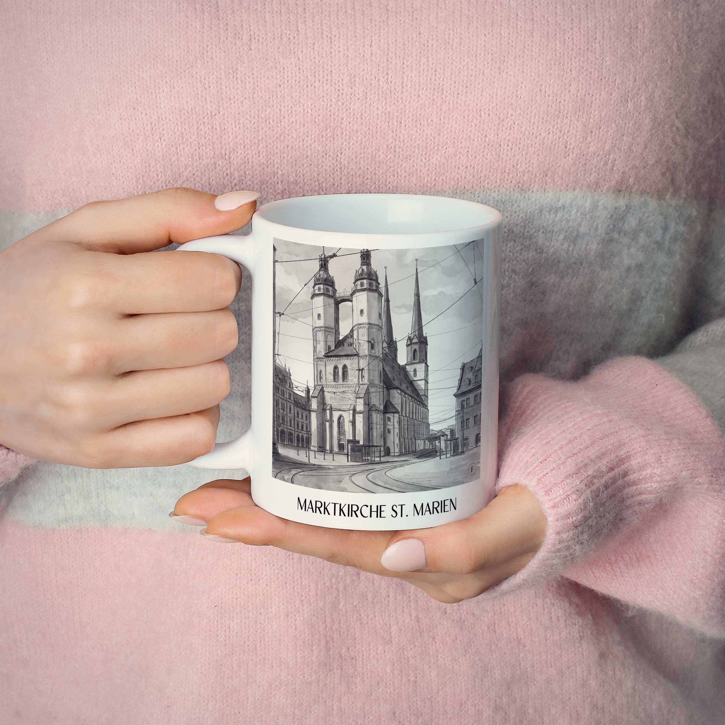 marktkirche-st.-marien-halle-deutschland-kaffeebecher-aquarell-schwarz-weiss