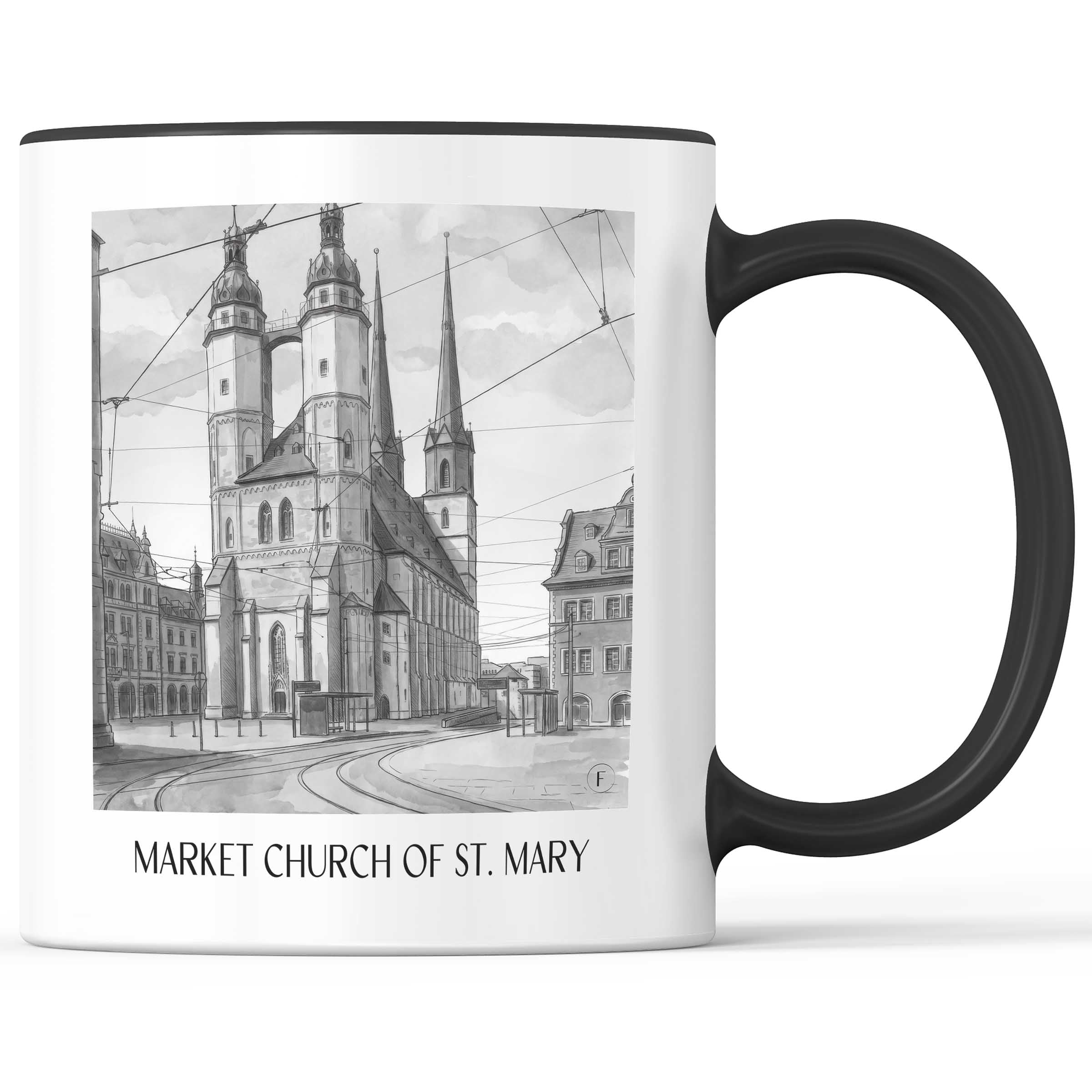 Marktkirche St. Marien Kaffeebecher - Halle - Deutschland Becher - Kaffeetasse im Aquarell Schwarz-Weiß Stil