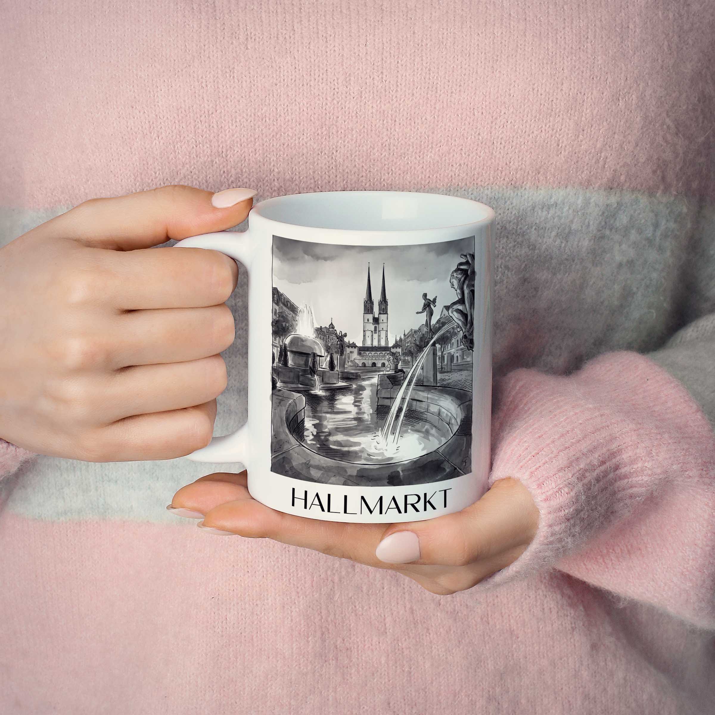 hallmarkt-halle-deutschland-kaffeebecher-aquarell-schwarz-weiss