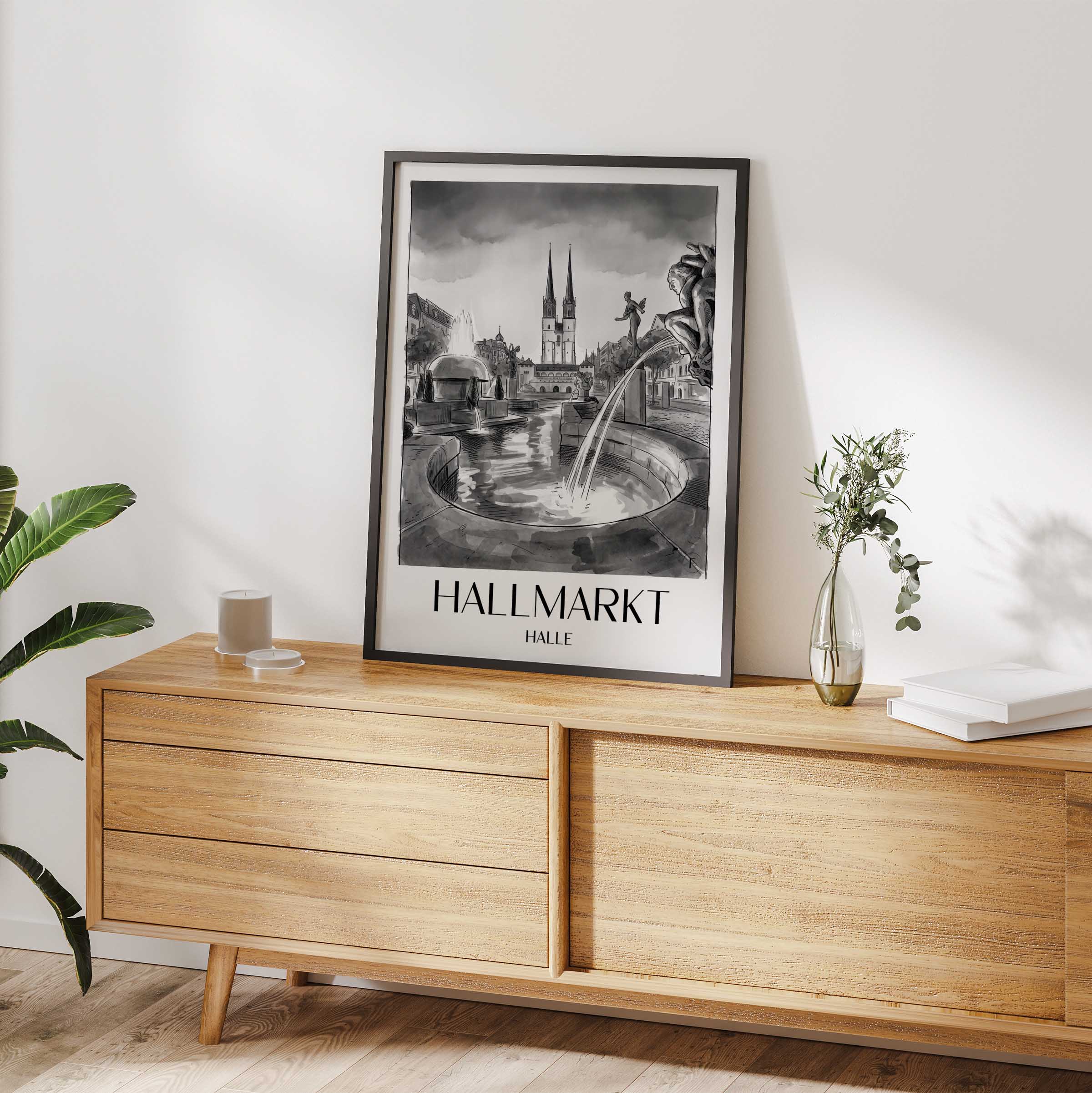 hallmarkt-halle-deutschland-poster-aquarell-schwarz-weiss