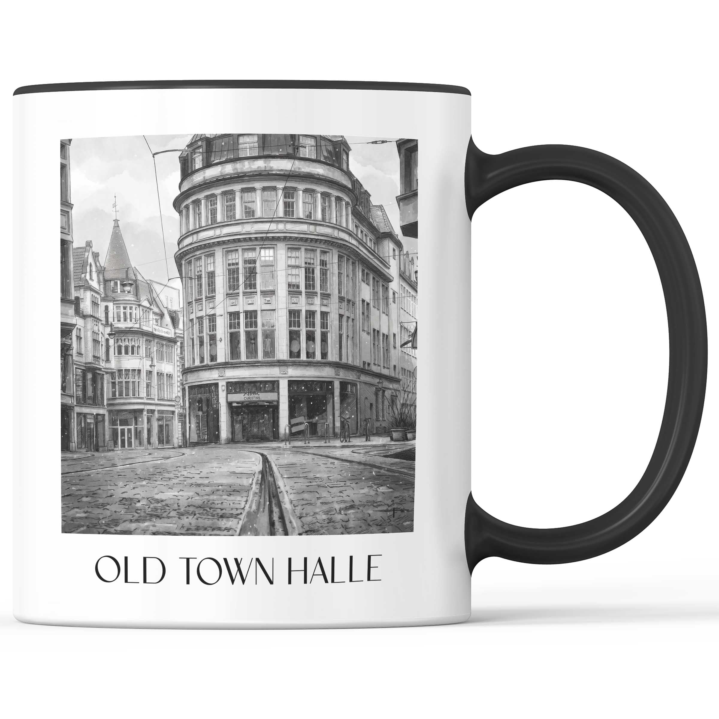 Altstadt Kaffeebecher - Halle - Deutschland Becher - Kaffeetasse im Aquarell Schwarz-Weiß Stil