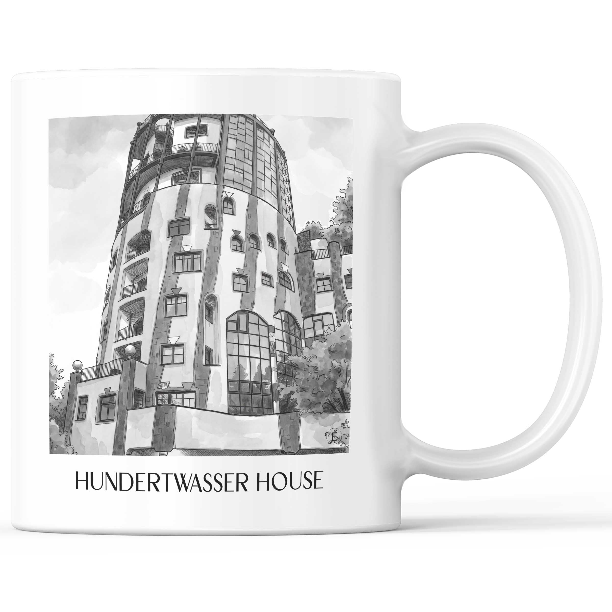 Hundertwasserhaus Kaffeebecher - Magdeburg - Deutschland Becher - Kaffeetasse im Aquarell Schwarz-Weiß Stil
