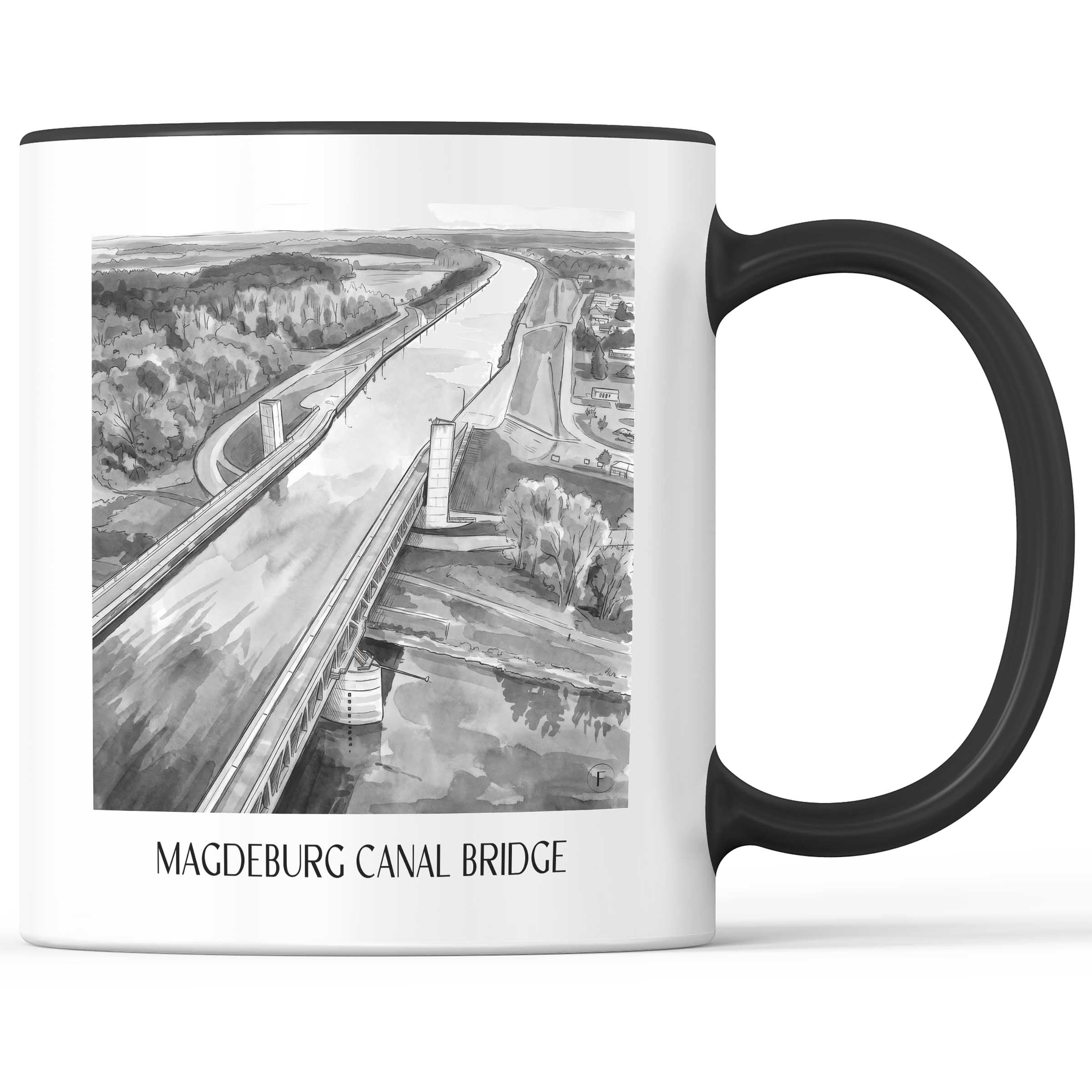 Kanalbrücke Magdeburg Kaffeebecher - Sachsen-Anhalt - Deutschland Becher - Kaffeetasse im Aquarell Schwarz-Weiß Stil