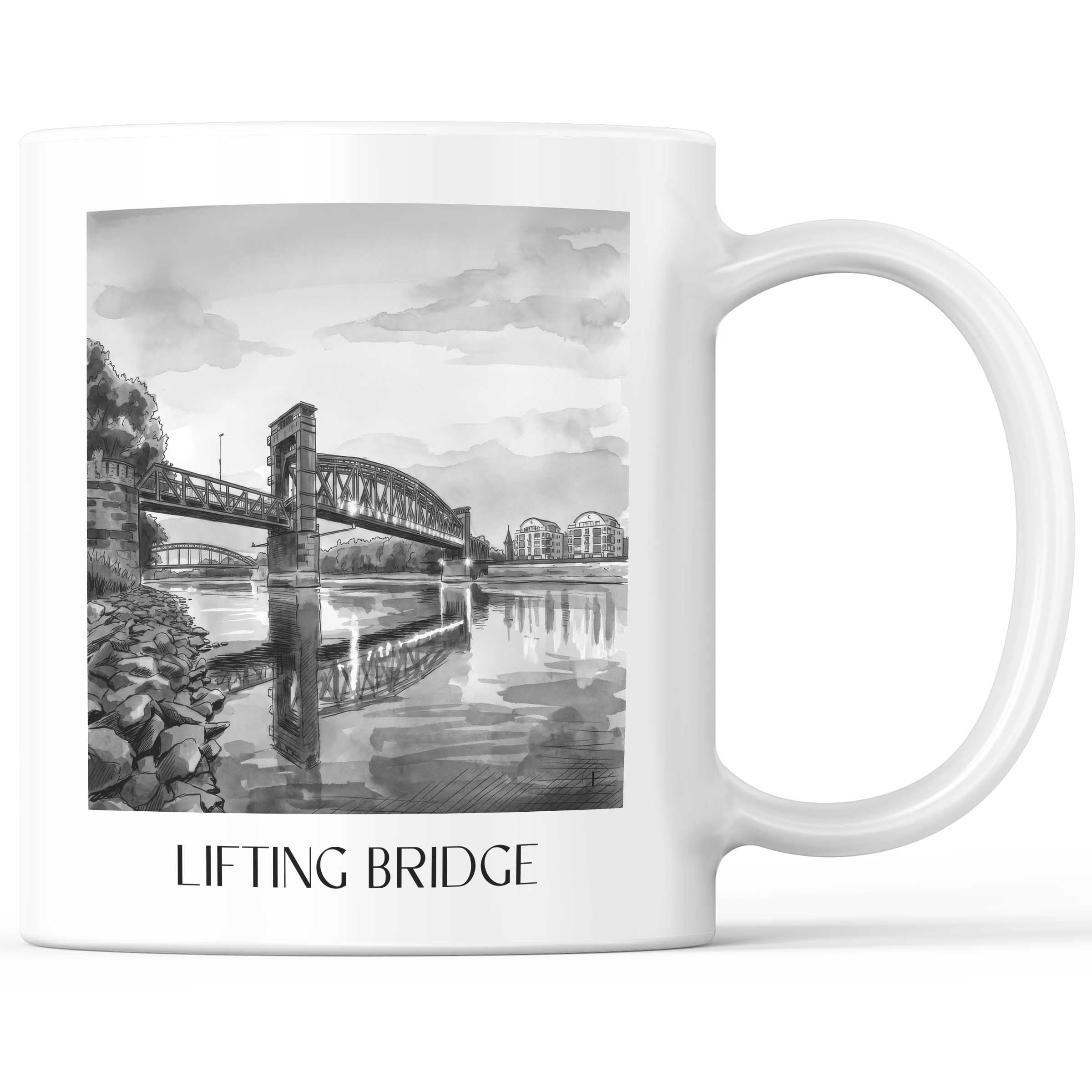 Hubbrücke Kaffeebecher - Magdeburg - Deutschland Becher - Kaffeetasse im Aquarell Schwarz-Weiß Stil