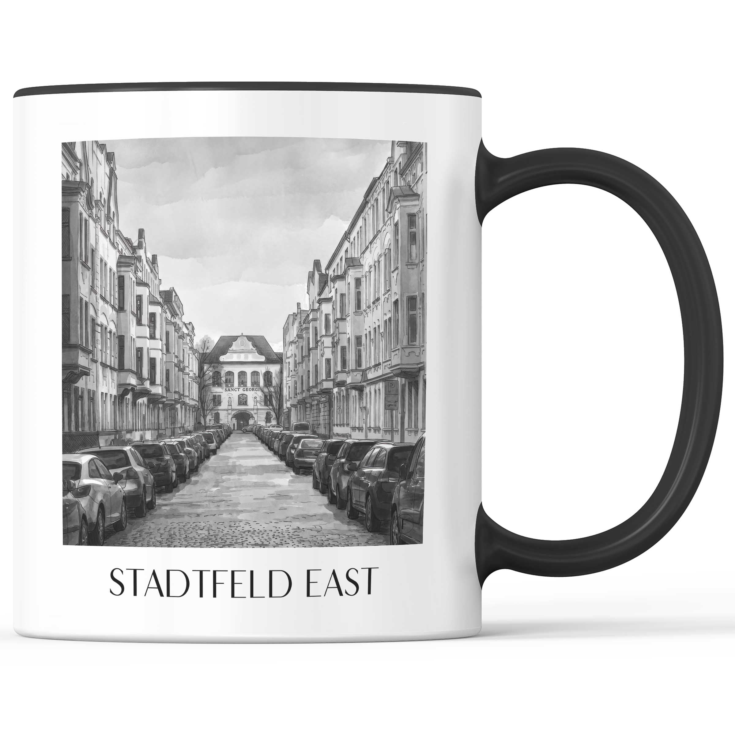 Stadtfeld Ost Kaffeebecher - Magdeburg - Deutschland Becher - Kaffeetasse im Aquarell Schwarz-Weiß Stil
