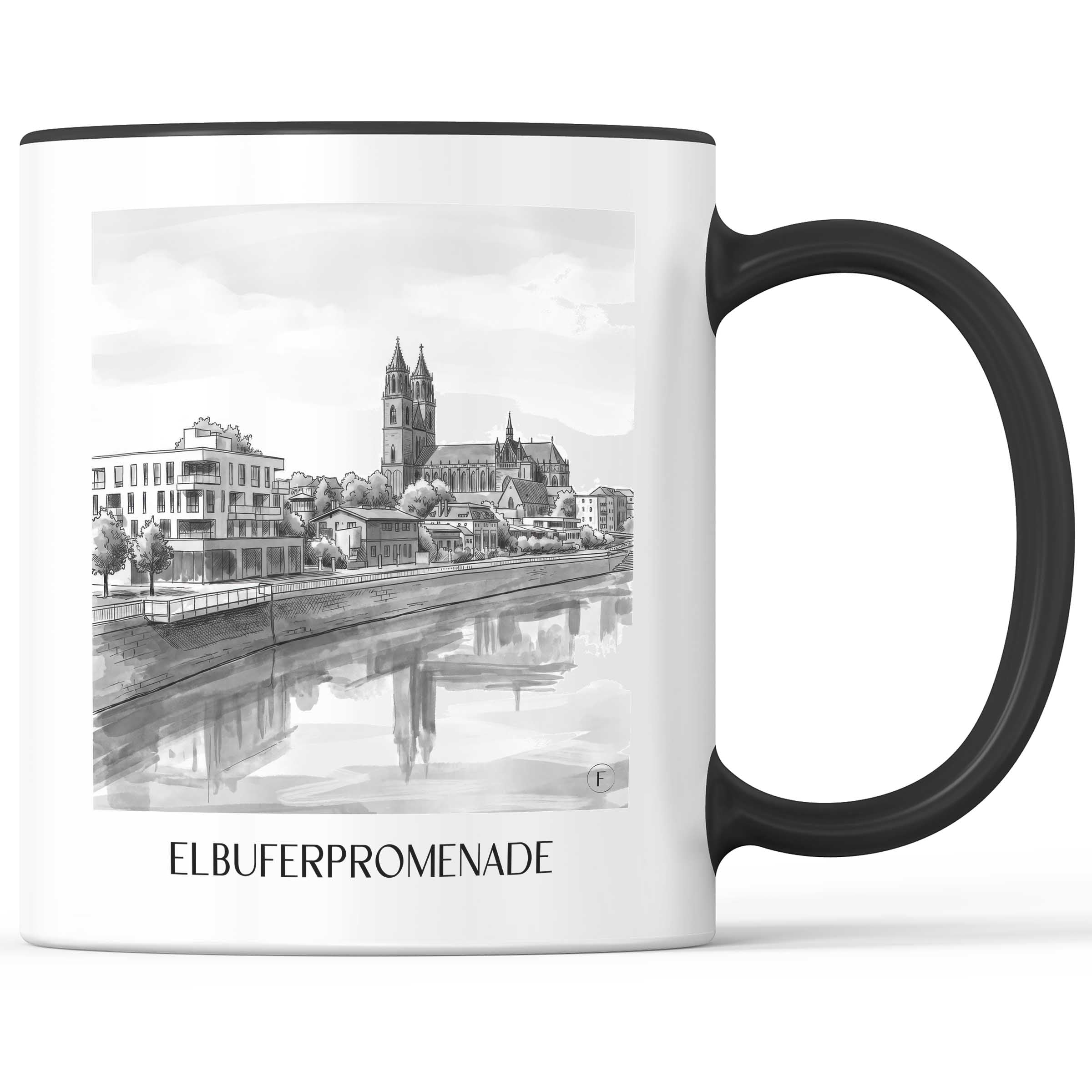 elbuferpromenade-magdeburg-deutschland-kaffeebecher-aquarell-schwarz-weiss