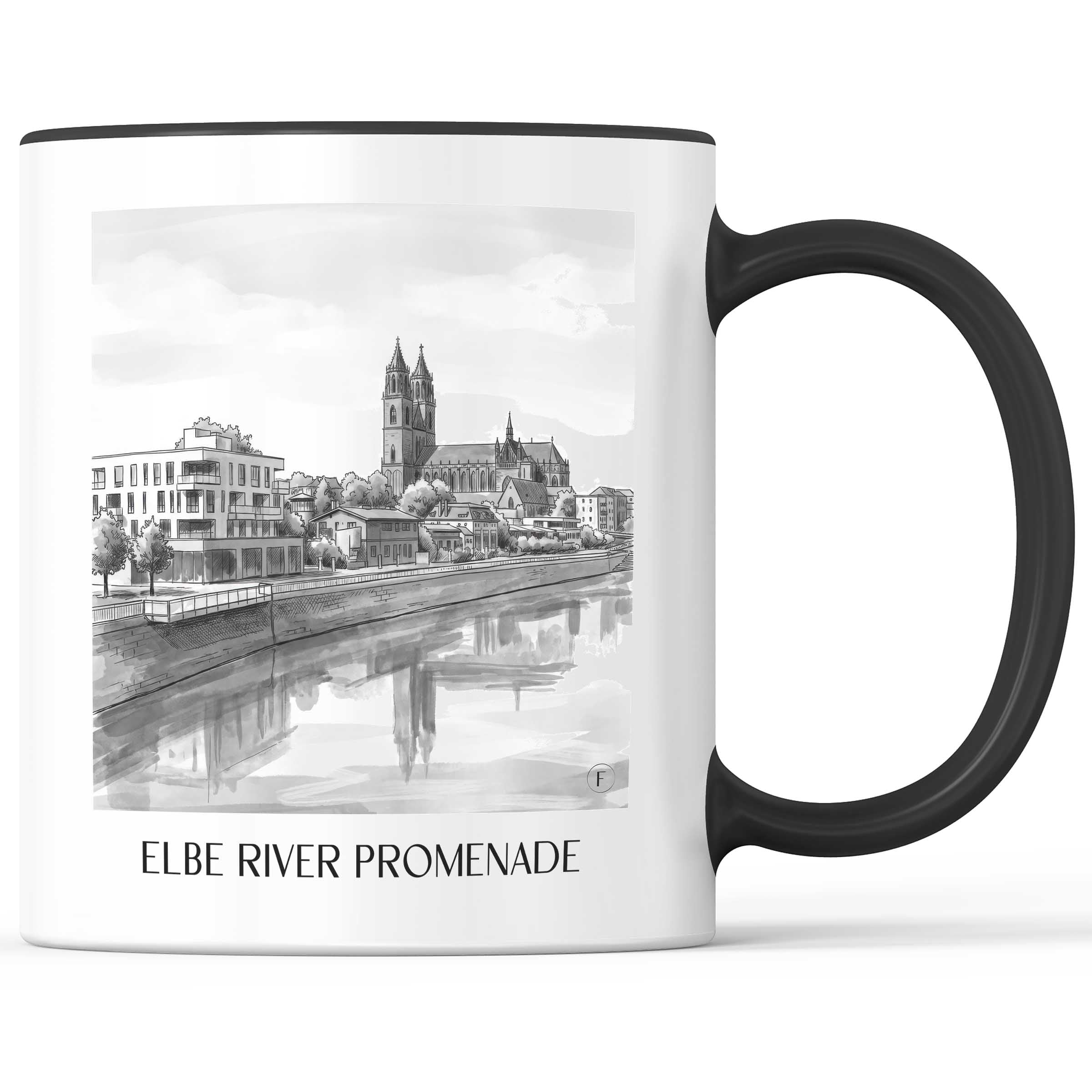 Elbuferpromenade Kaffeebecher - Magdeburg - Deutschland Becher - Kaffeetasse im Aquarell Schwarz-Weiß Stil