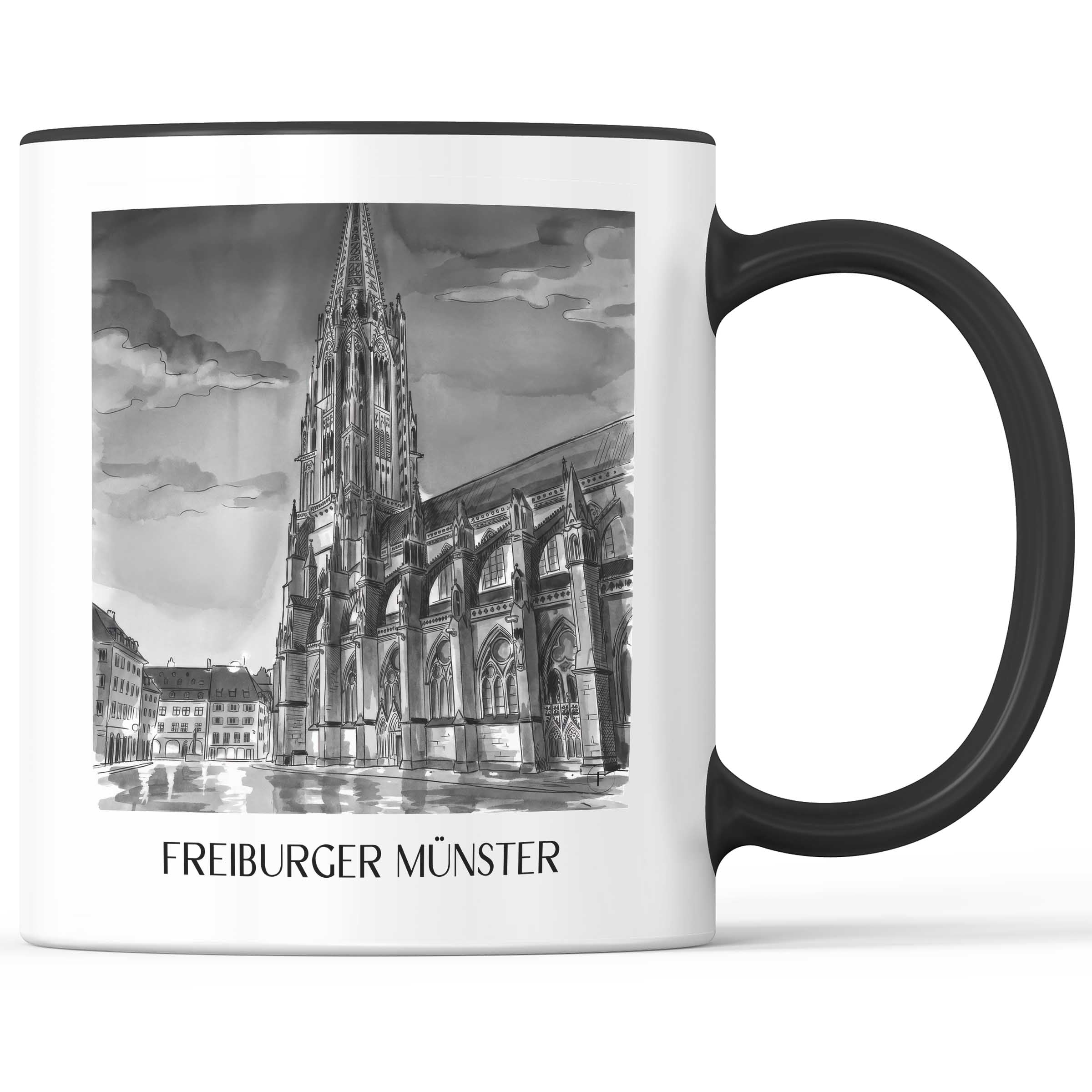 freiburger-münster-schwarzwald-deutschland-kaffeebecher-aquarell-schwarz-weiss