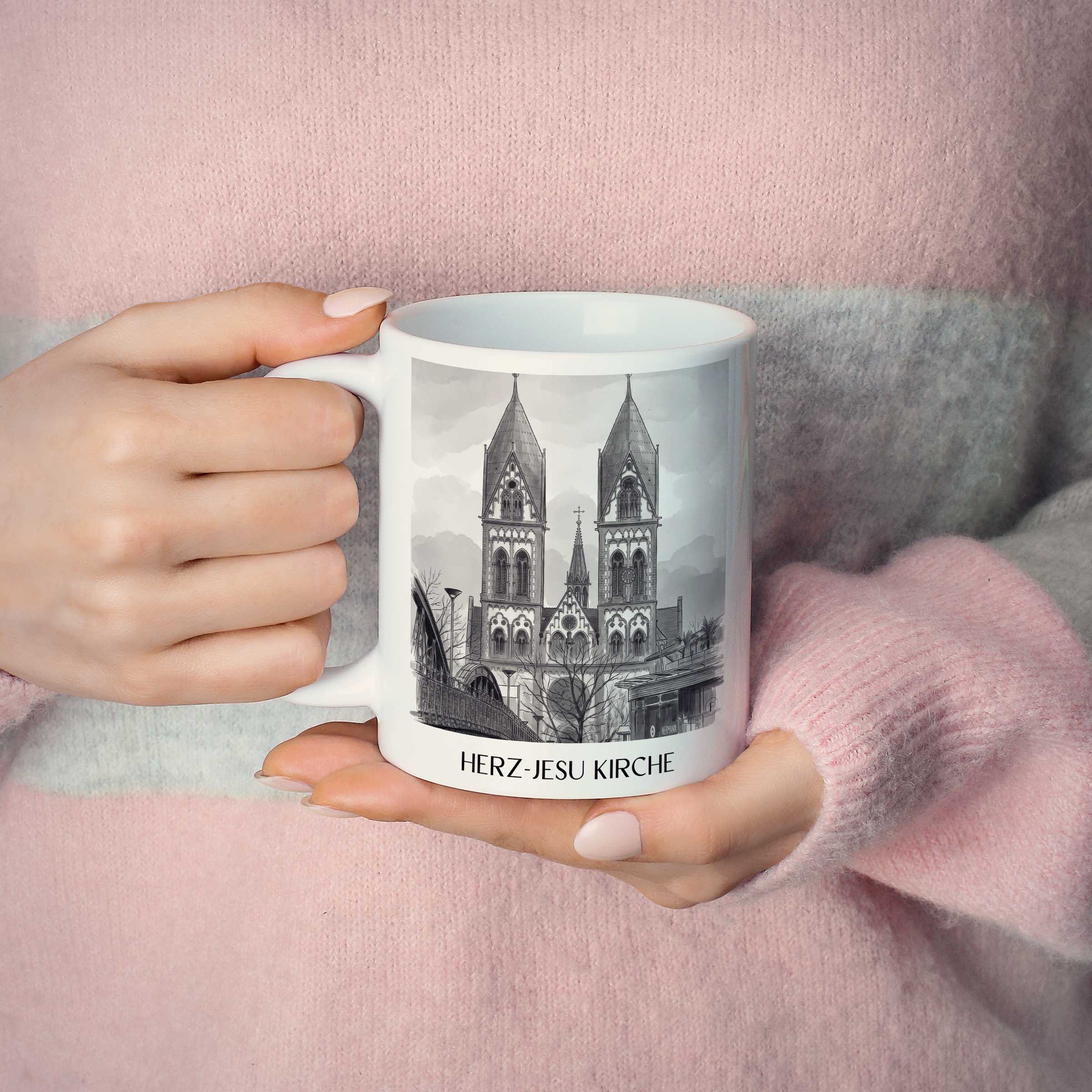 herz-jesu-kirche-freiburg-deutschland-kaffeebecher-aquarell-schwarz-weiss