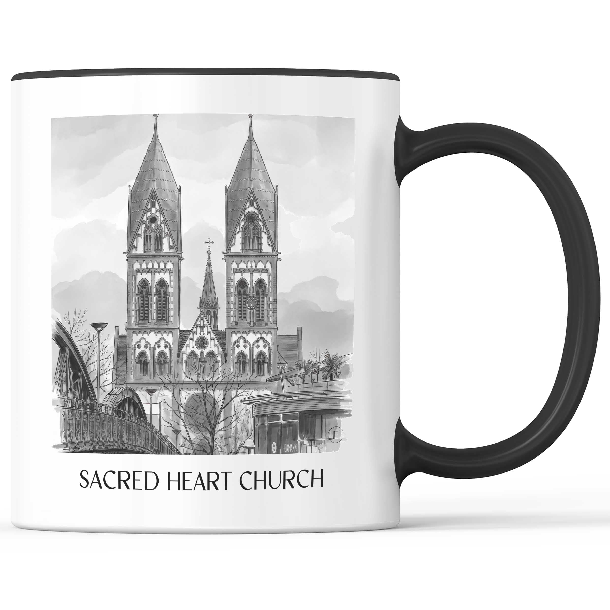 Herz-Jesu Kirche Kaffeebecher - Freiburg - Deutschland Becher - Kaffeetasse im Aquarell Schwarz-Weiß Stil