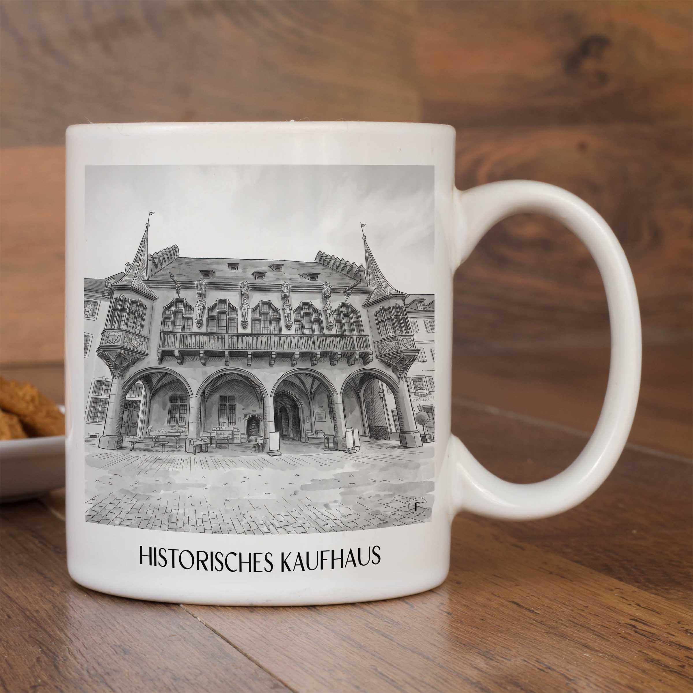 historisches-kaufhaus-freiburg-deutschland-kaffeebecher-aquarell-schwarz-weiss