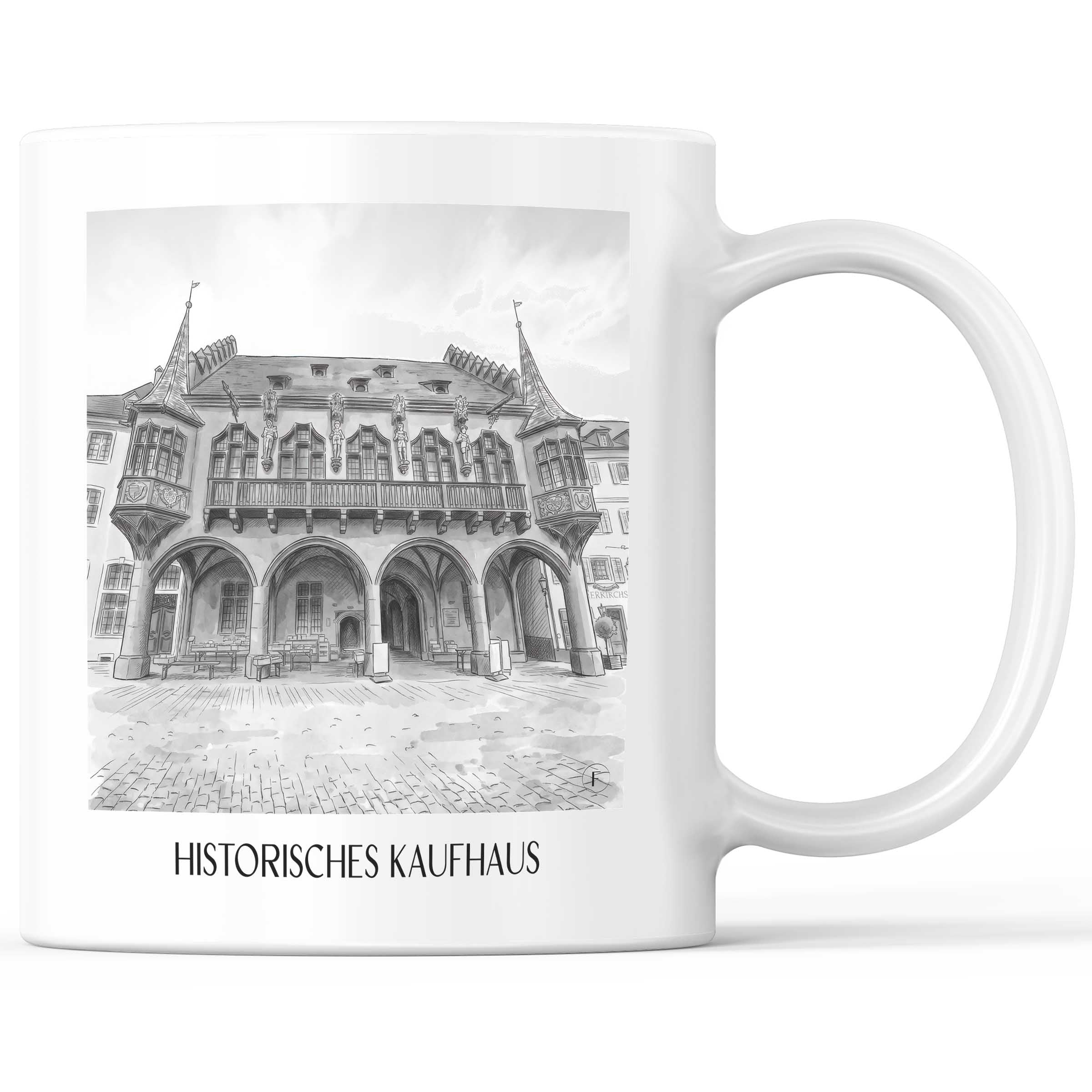 historisches-kaufhaus-freiburg-deutschland-kaffeebecher-aquarell-schwarz-weiss