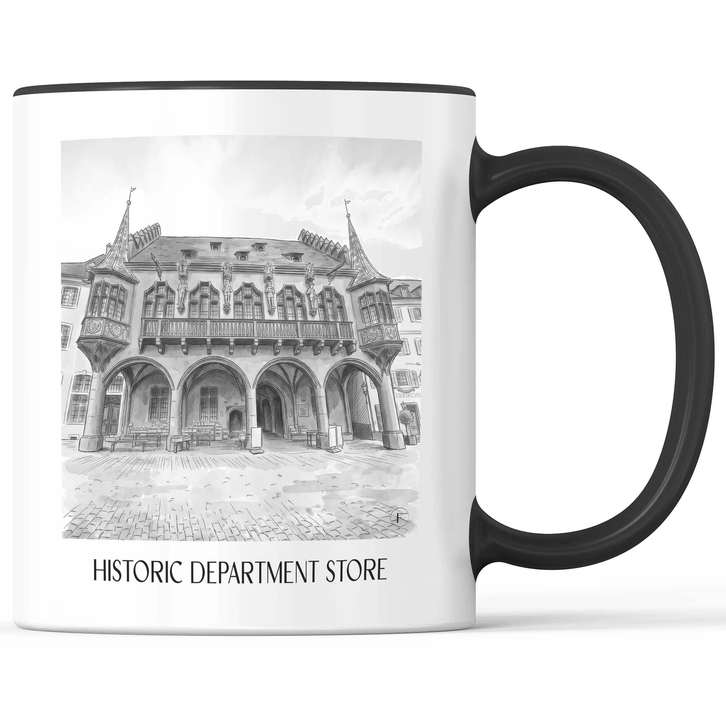 Historisches Kaufhaus Kaffeebecher - Freiburg - Deutschland Becher - Kaffeetasse im Aquarell Schwarz-Weiß Stil