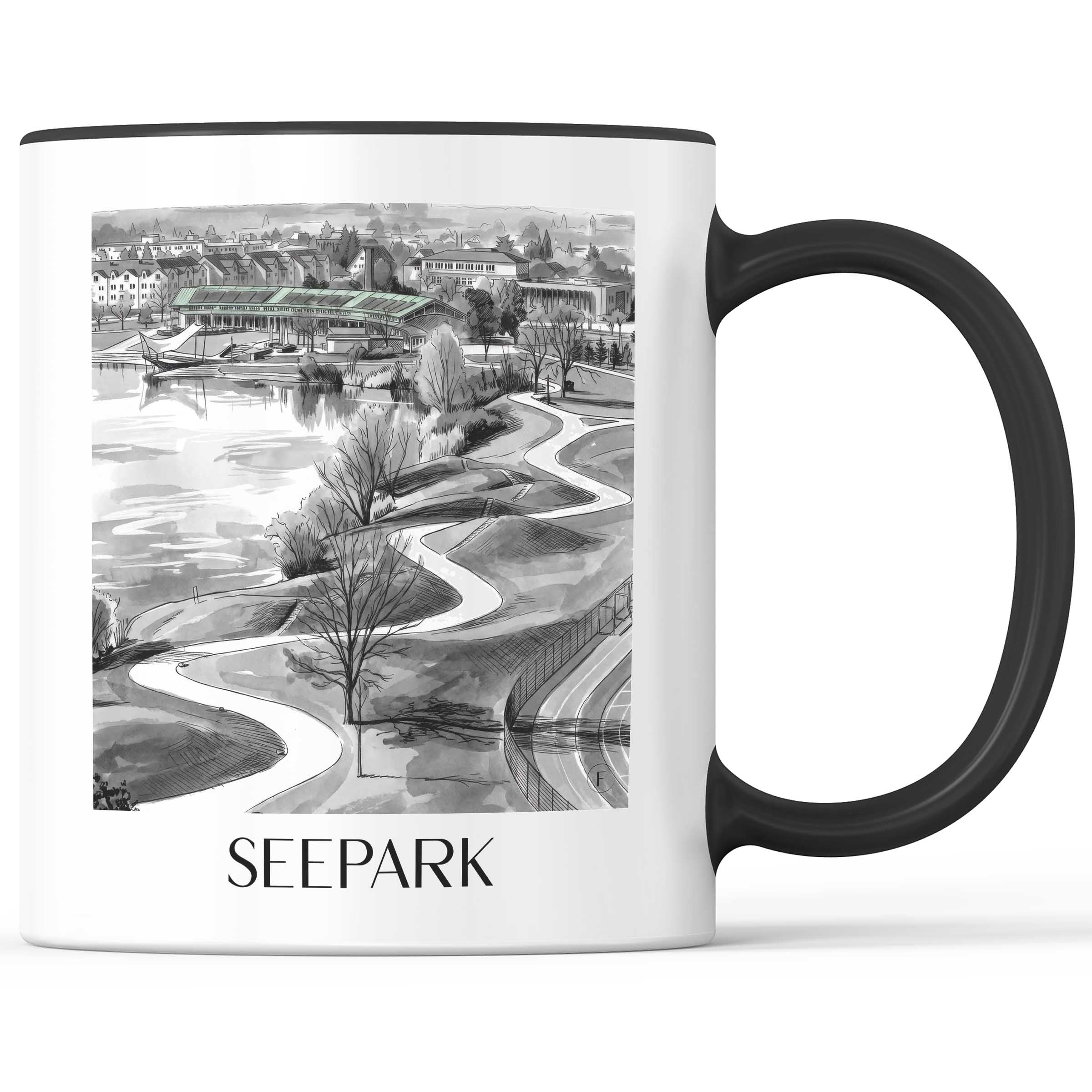 seepark-freiburg-deutschland-kaffeebecher-aquarell-schwarz-weiss