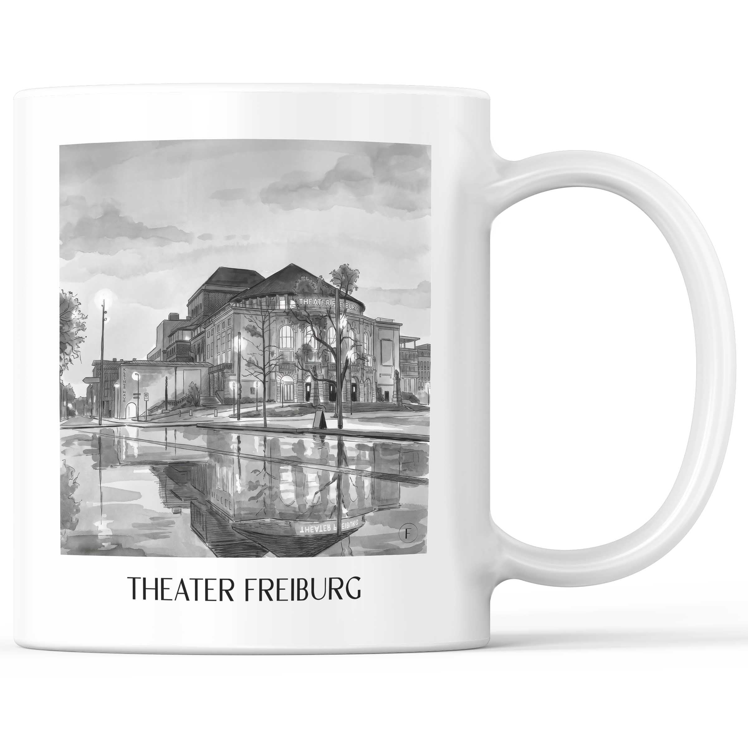 Theater Kaffeebecher - Freiburg - Deutschland Becher - Kaffeetasse im Aquarell Schwarz-Weiß Stil