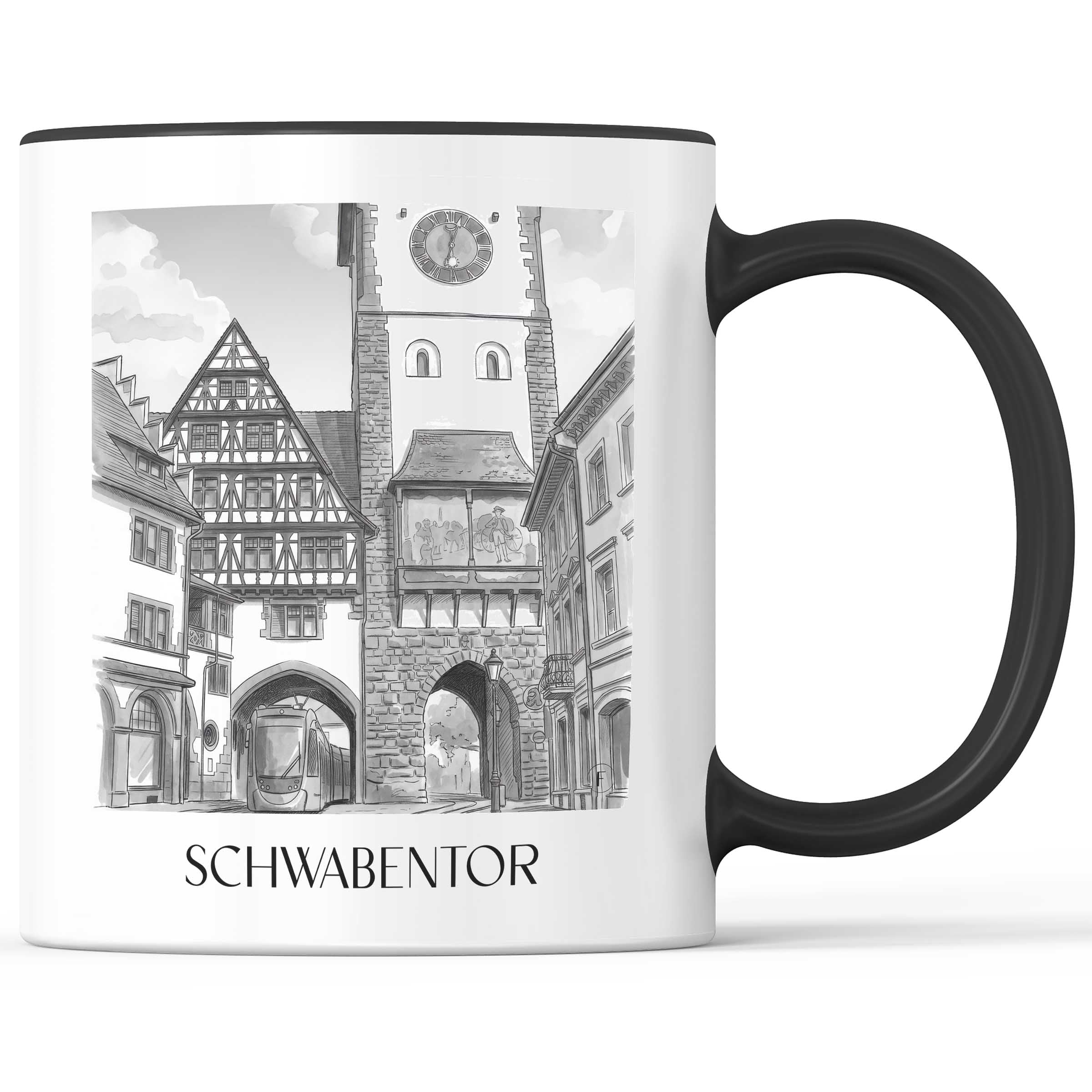 Schwabentor Kaffeebecher - Freiburg - Deutschland Becher - Kaffeetasse im Aquarell Schwarz-Weiß Stil