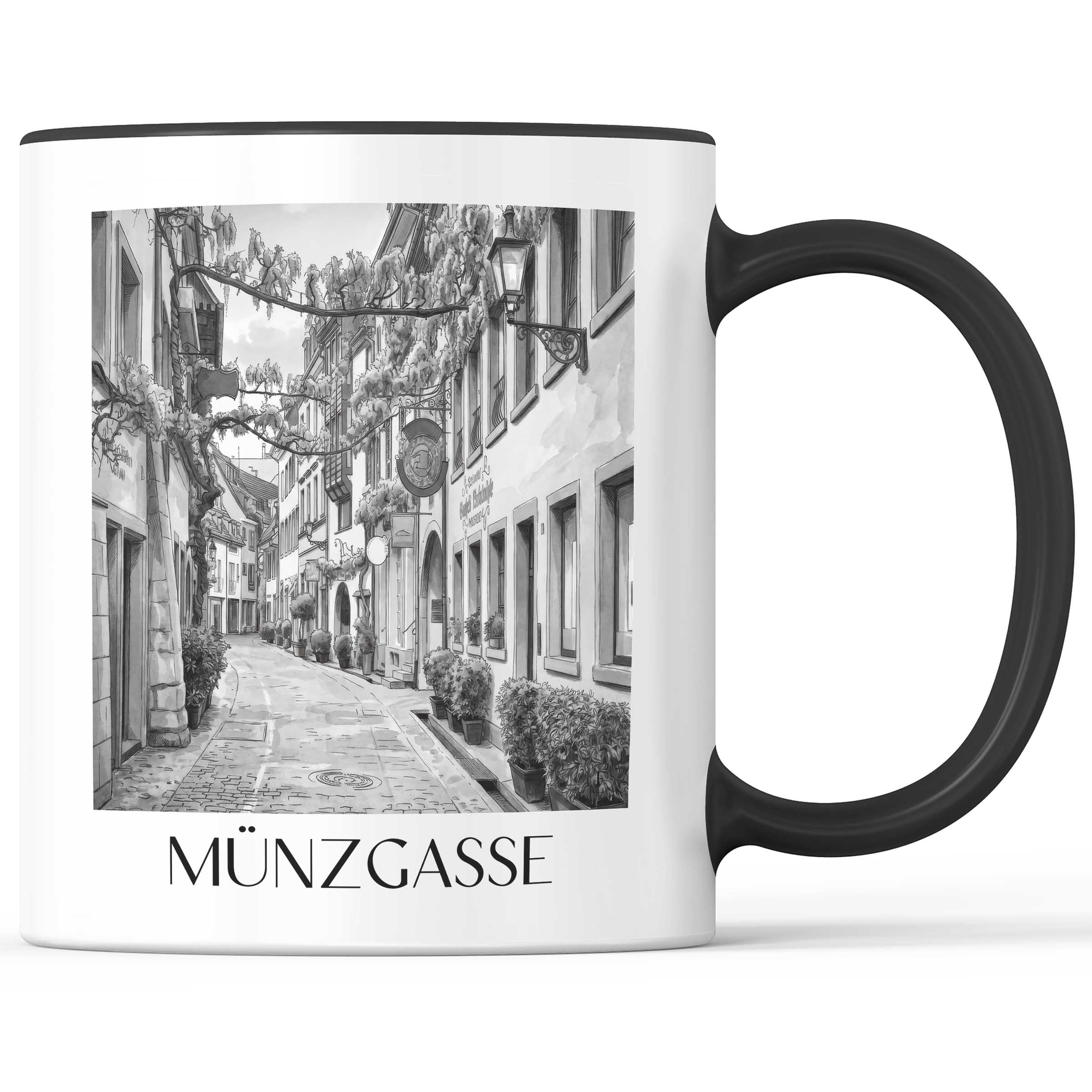Münzgasse Kaffeebecher - Freiburg - Deutschland Becher - Kaffeetasse im Aquarell Schwarz-Weiß Stil