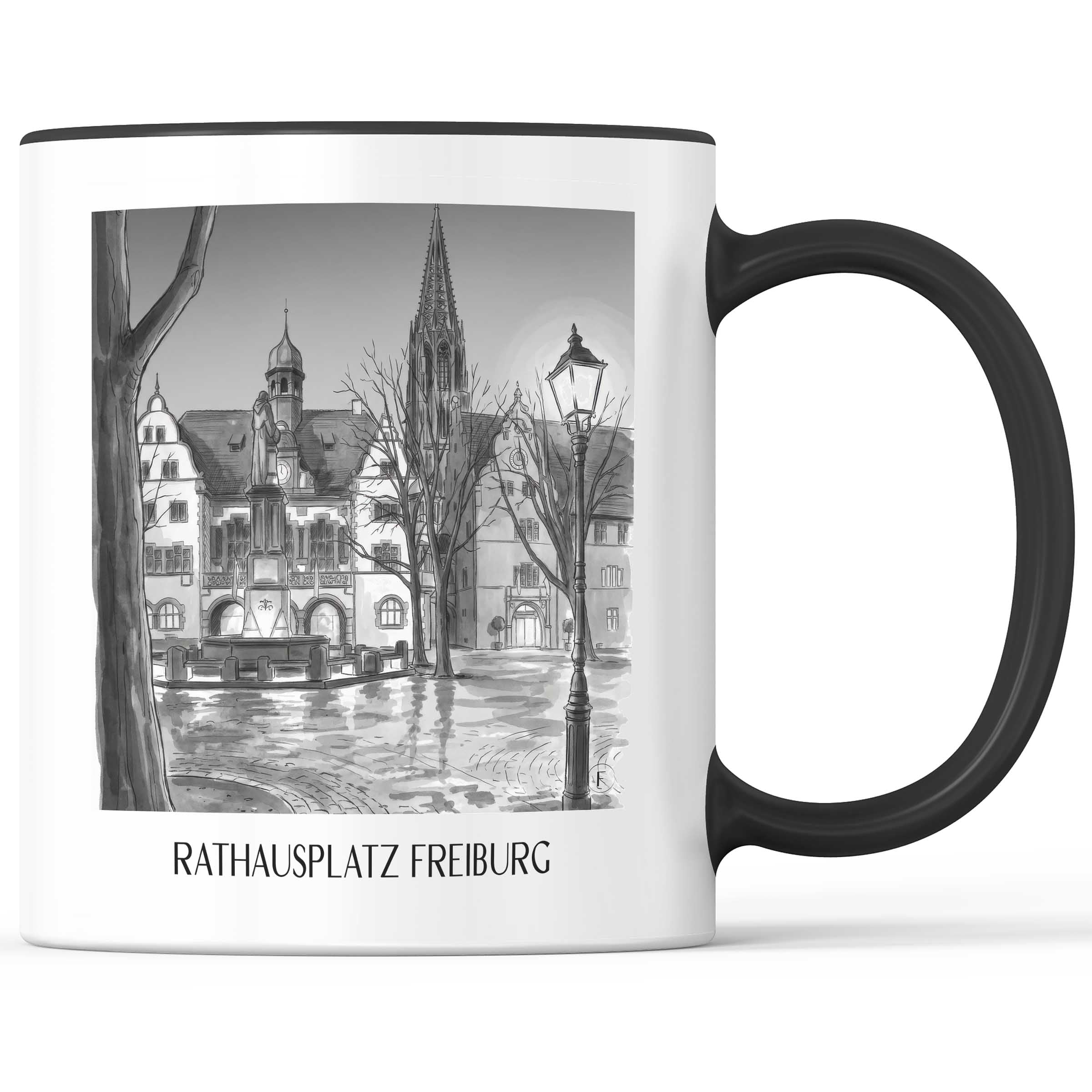 rathausplatz-freiburg-deutschland-kaffeebecher-aquarell-schwarz-weiss
