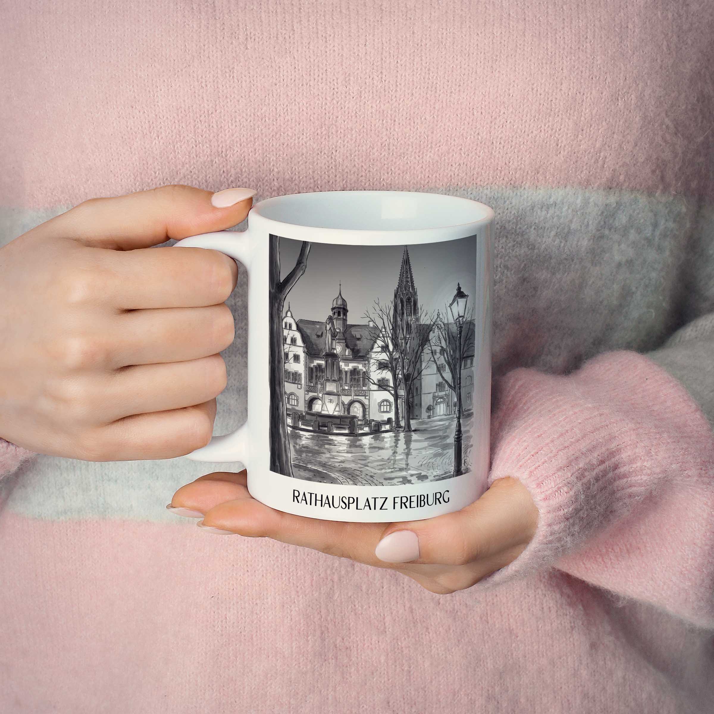 rathausplatz-freiburg-deutschland-kaffeebecher-aquarell-schwarz-weiss
