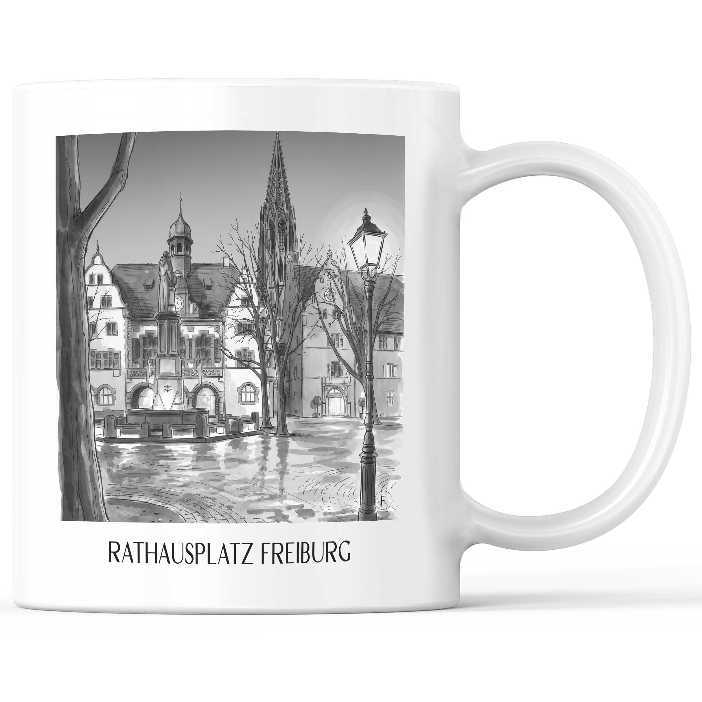 rathausplatz-freiburg-deutschland-kaffeebecher-aquarell-schwarz-weiss