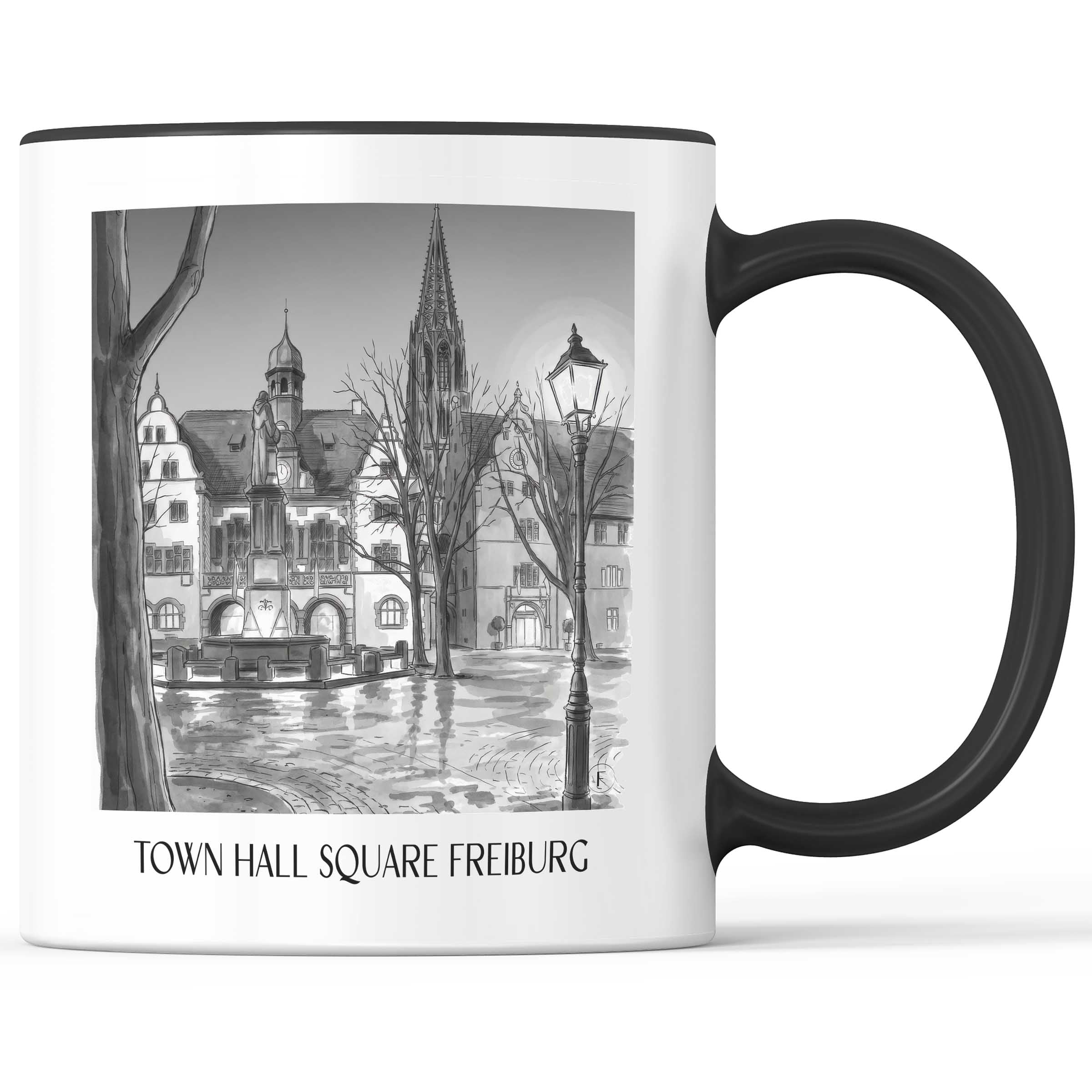 Rathausplatz Kaffeebecher - Freiburg - Deutschland Becher - Kaffeetasse im Aquarell Schwarz-Weiß Stil