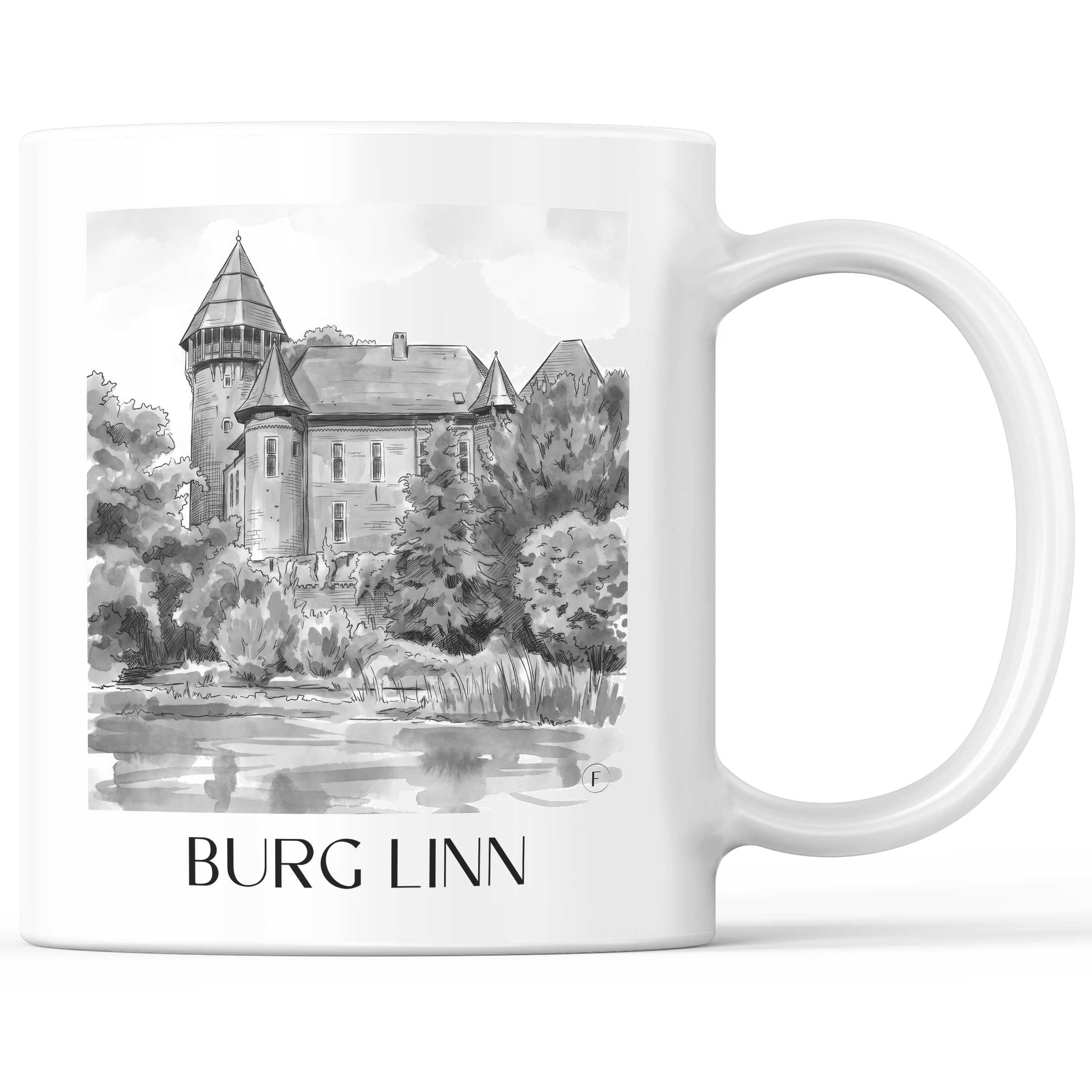 burg-linn-krefeld-deutschland-kaffeebecher-aquarell-schwarz-weiss