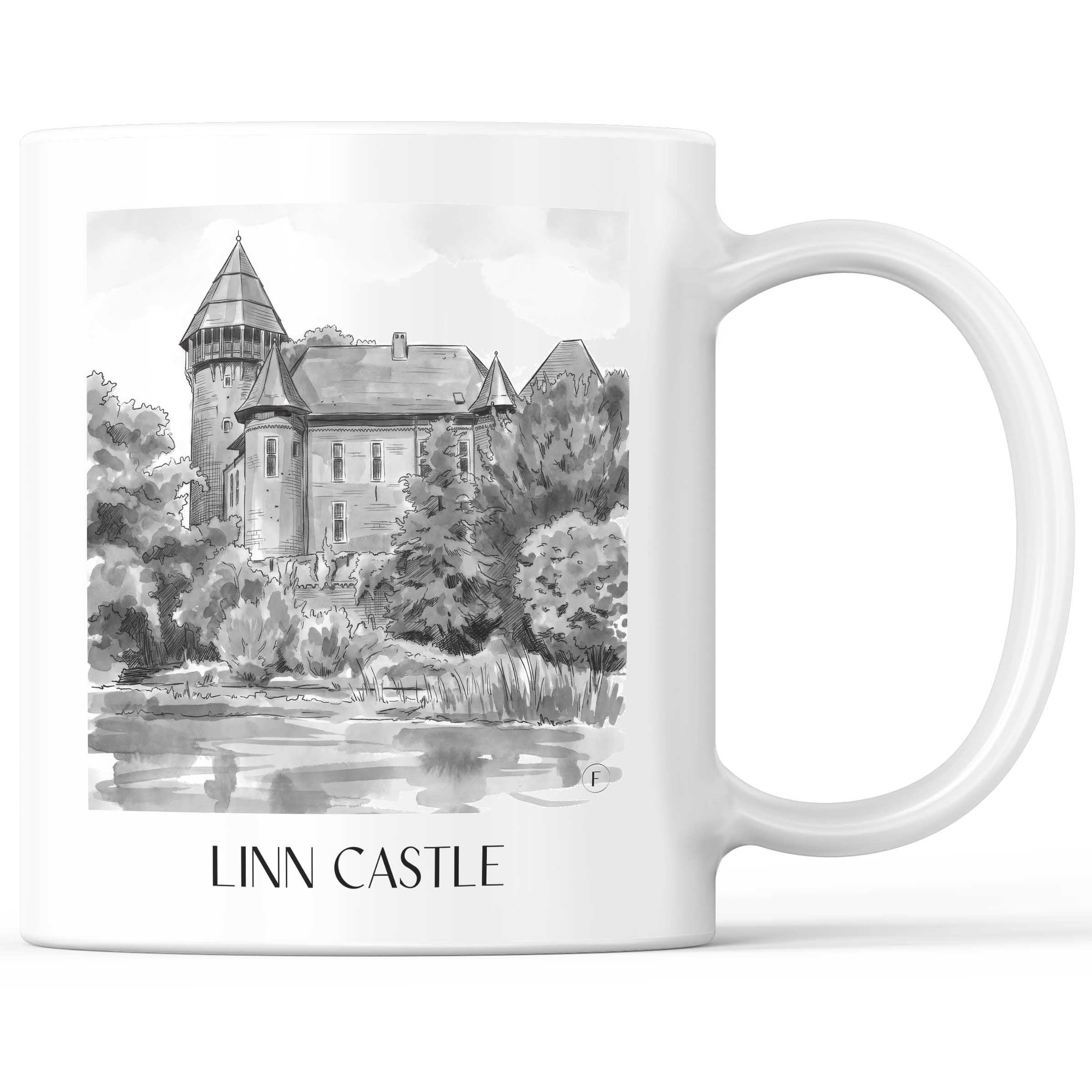 Burg Linn Kaffeebecher - Krefeld - Deutschland Becher - Kaffeetasse im Aquarell Schwarz-Weiß Stil
