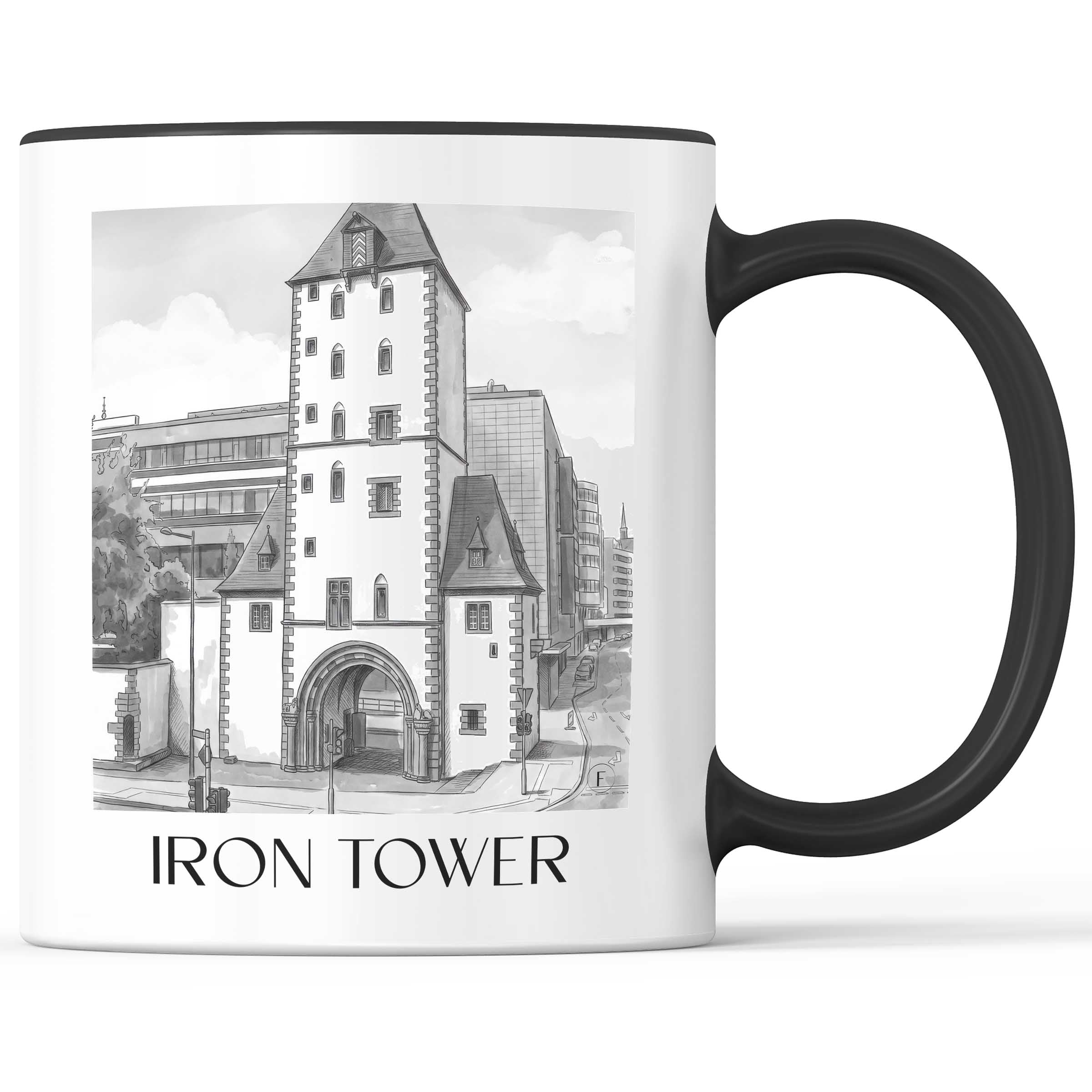 Eisenturm Kaffeebecher - Mainz - Deutschland Becher - Kaffeetasse im Aquarell Schwarz-Weiß Stil