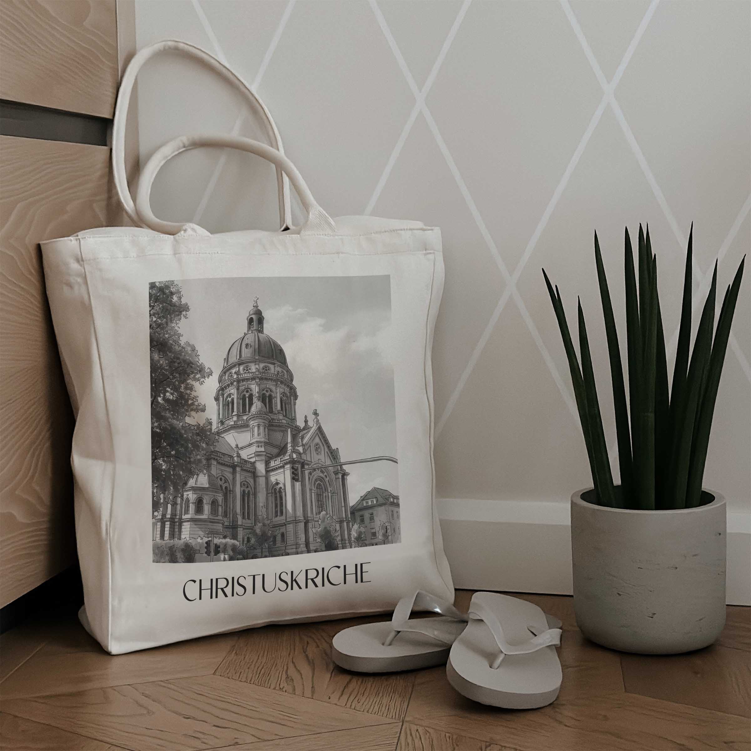 christuskriche-mainz-deutschland-einkaufstasche-aquarell-schwarz-weiss