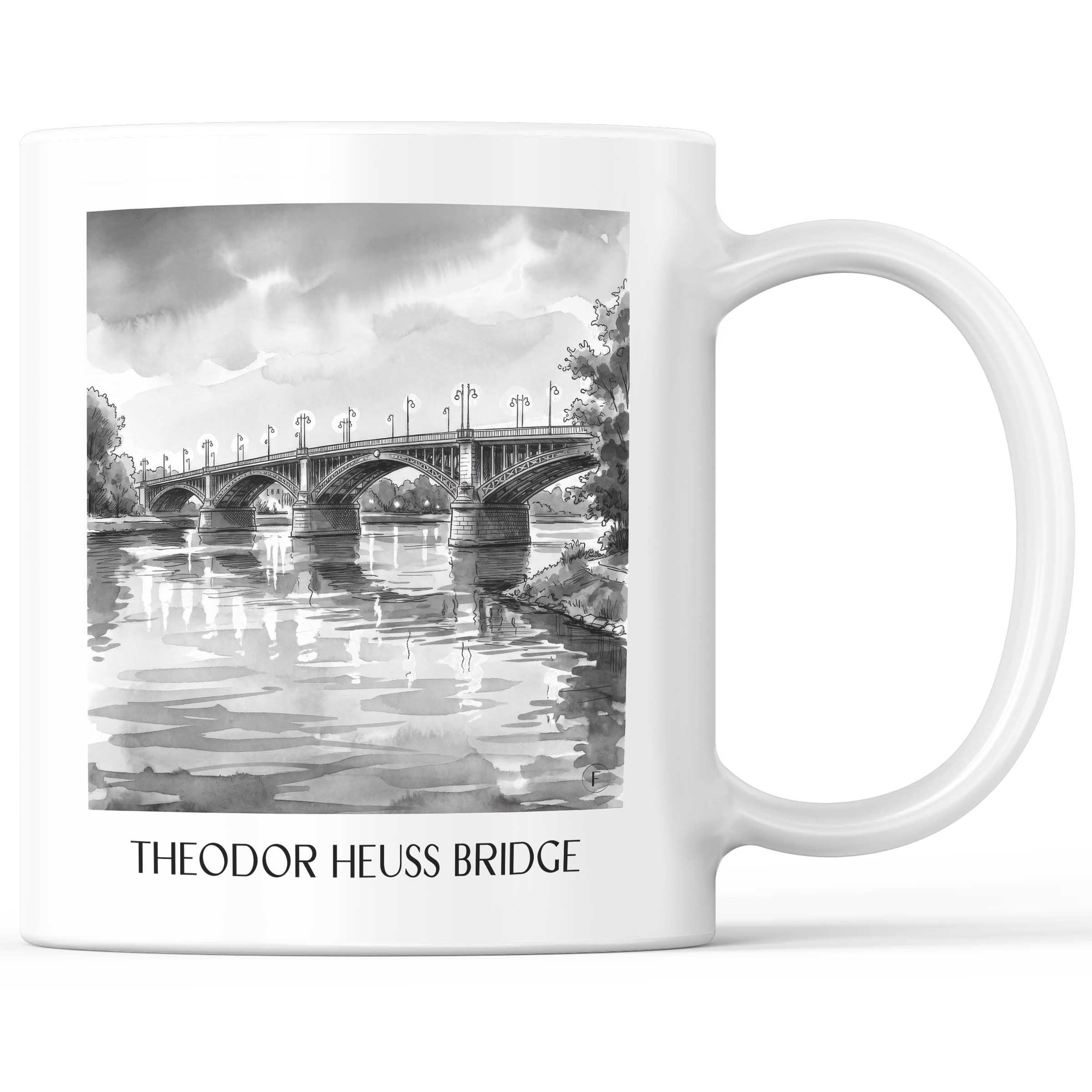 Theodor-Heuss-Brücke Kaffeebecher - Mainz - Deutschland Becher - Kaffeetasse im Aquarell Schwarz-Weiß Stil