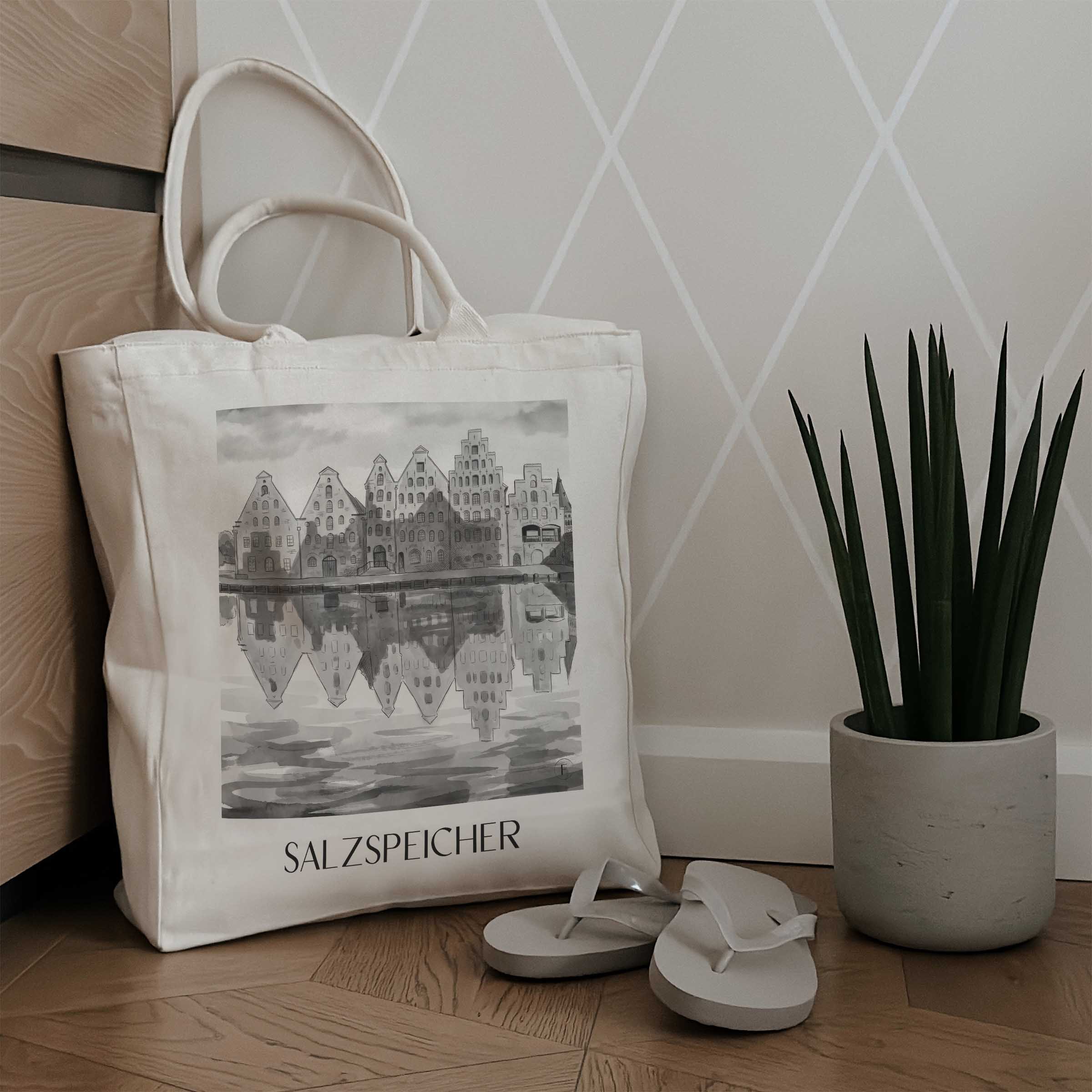 salzspeicher-lübeck-deutschland-einkaufstasche-aquarell-schwarz-weiss