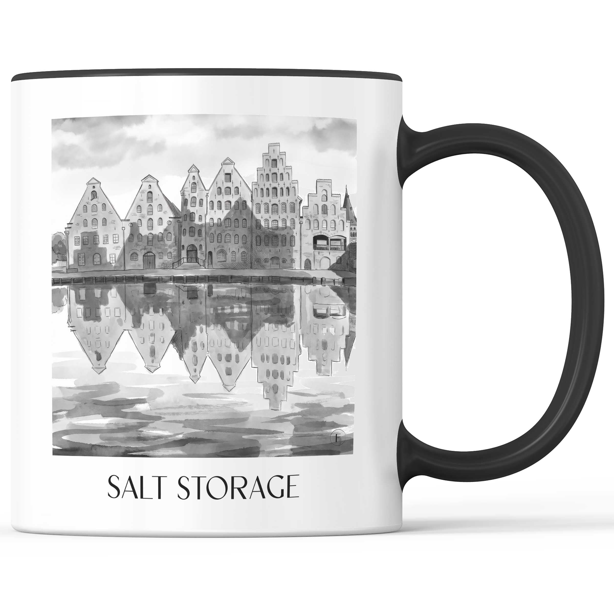Salzspeicher Kaffeebecher - Lübeck - Deutschland Becher - Kaffeetasse im Aquarell Schwarz-Weiß Stil