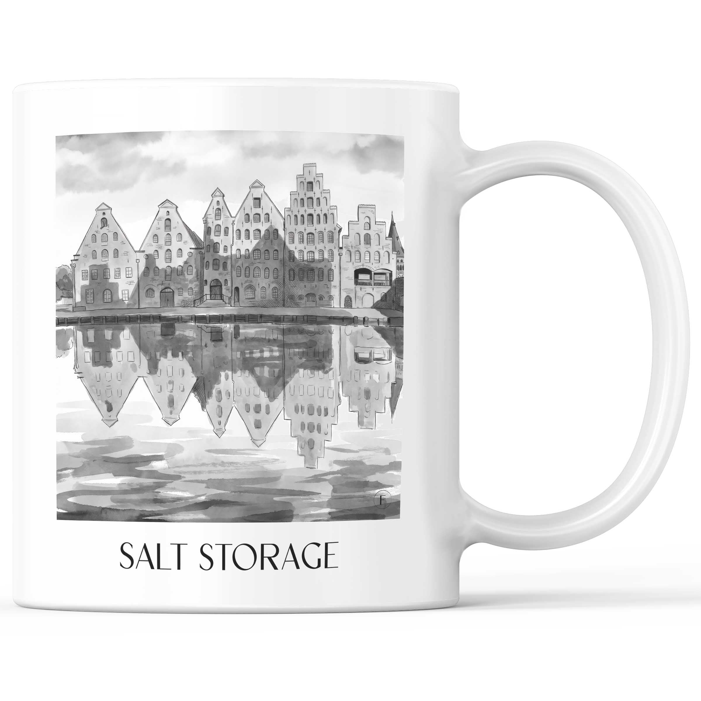 Salzspeicher Kaffeebecher - Lübeck - Deutschland Becher - Kaffeetasse im Aquarell Schwarz-Weiß Stil