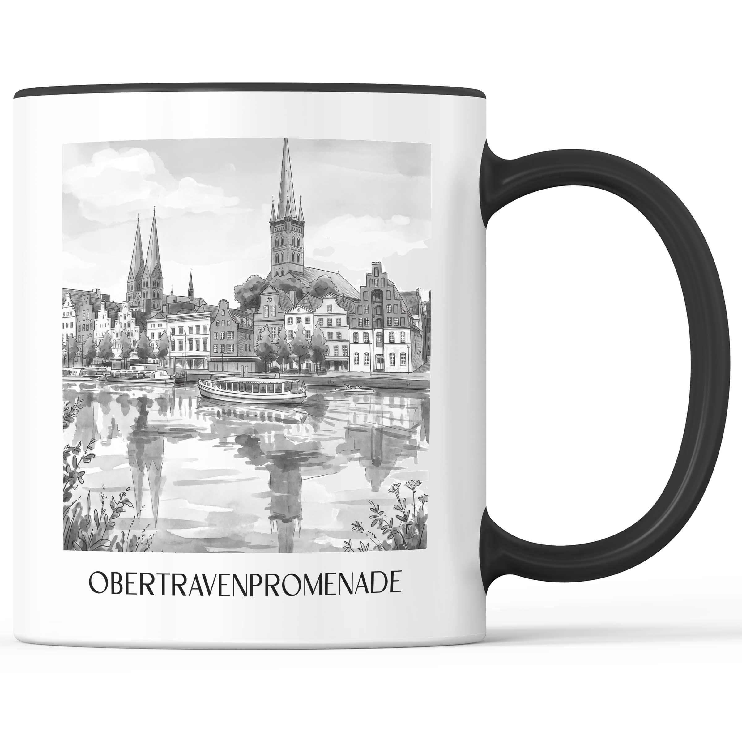 obertravenpromenade-lübeck-deutschland-kaffeebecher-aquarell-schwarz-weiss
