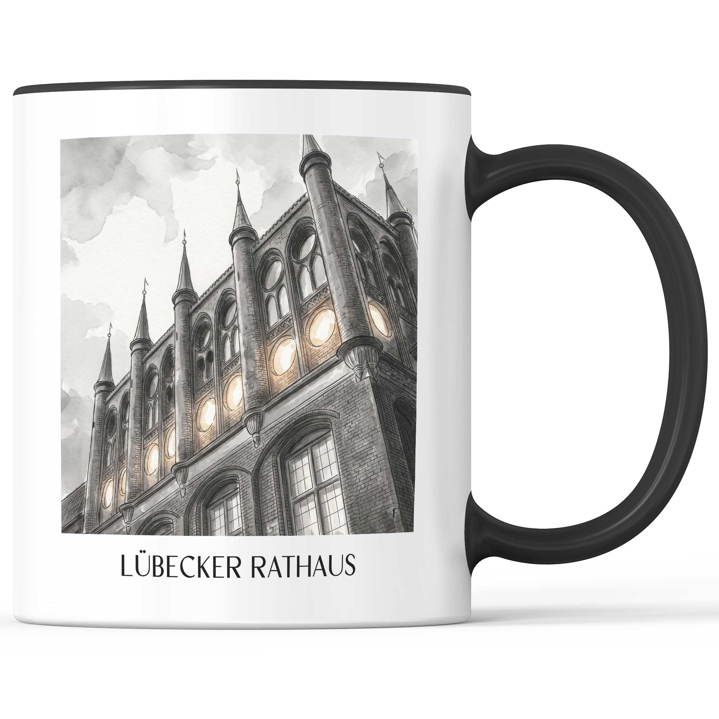 rathaus-lübeck-deutschland-kaffeebecher-aquarell-schwarz-weiss