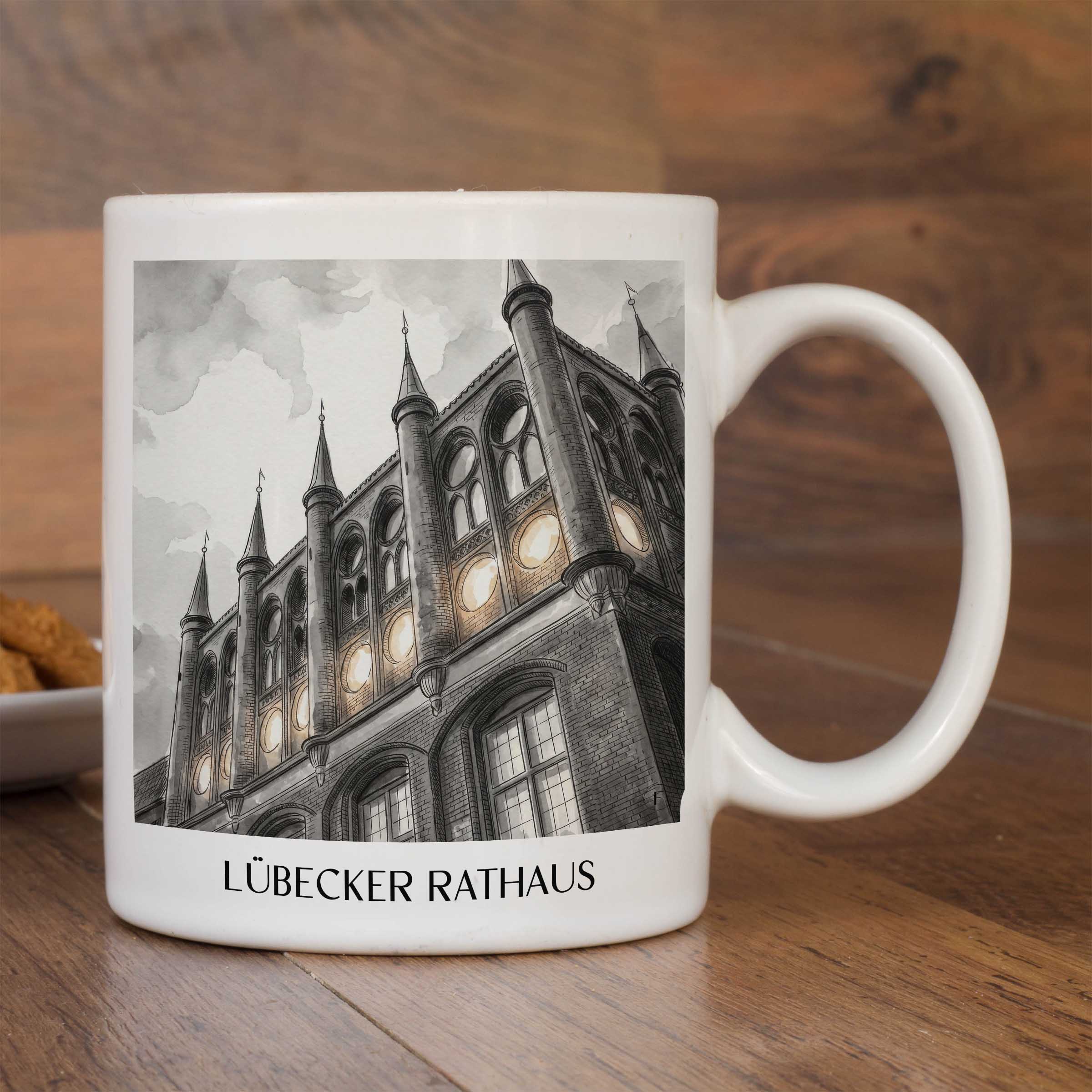 rathaus-lübeck-deutschland-kaffeebecher-aquarell-schwarz-weiss