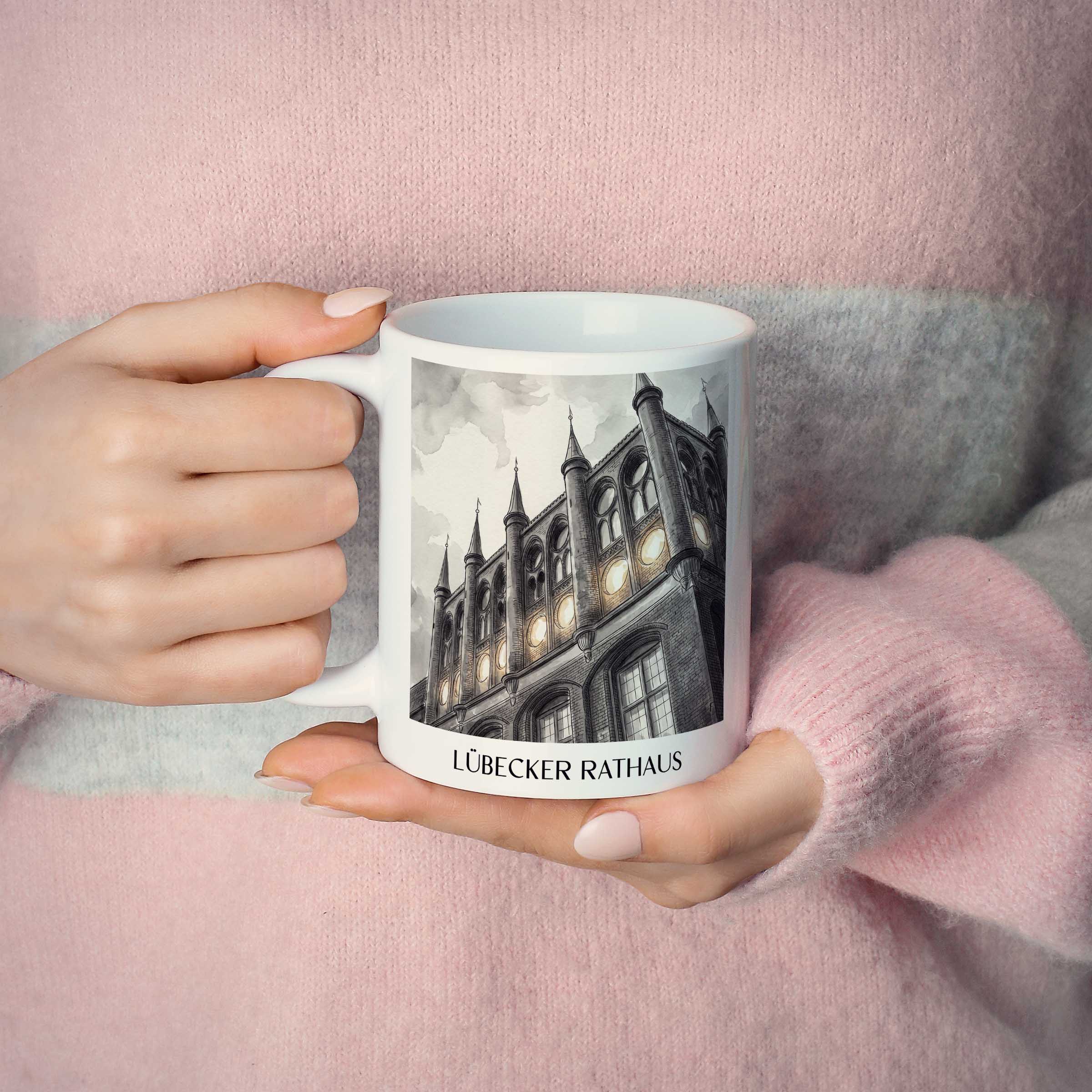 rathaus-lübeck-deutschland-kaffeebecher-aquarell-schwarz-weiss