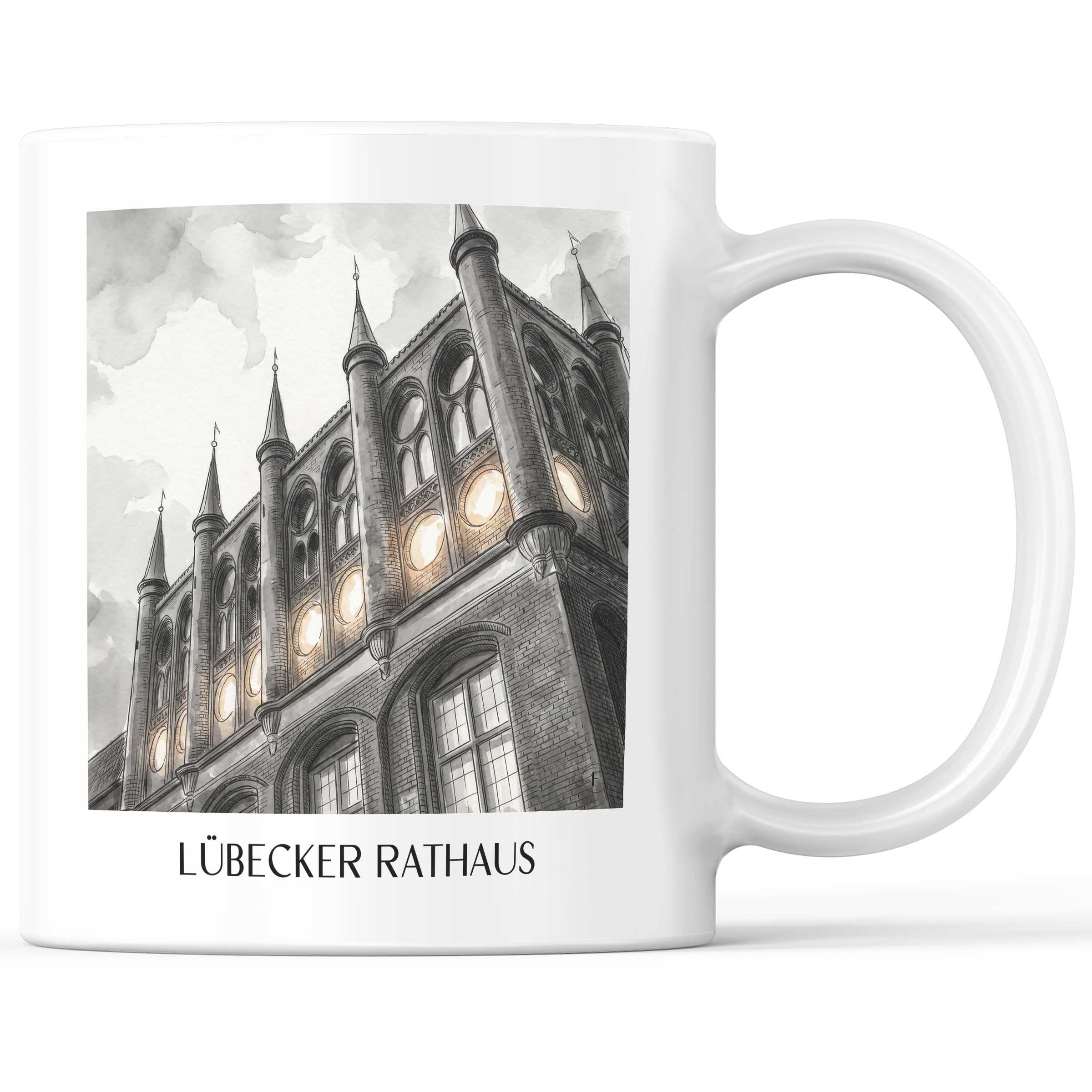 rathaus-lübeck-deutschland-kaffeebecher-aquarell-schwarz-weiss