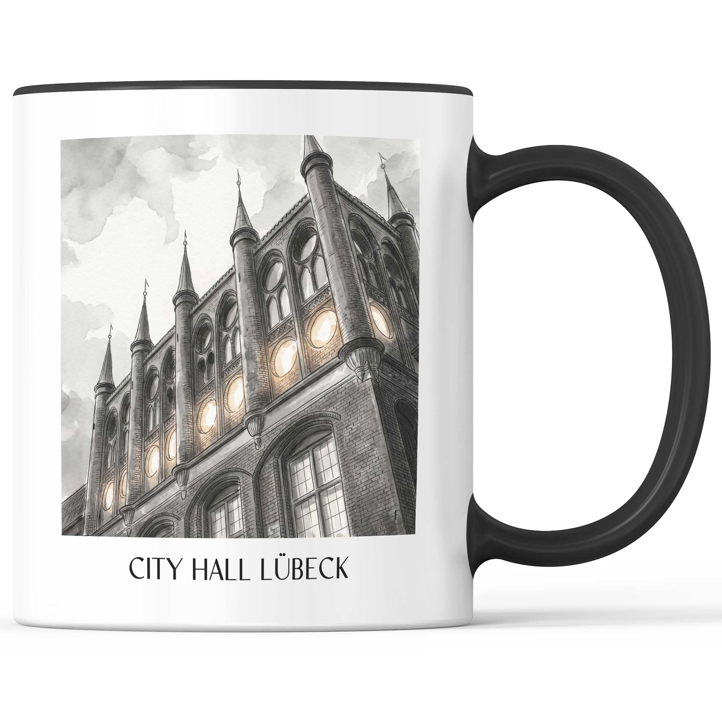 Rathaus Kaffeebecher - Lübeck - Deutschland Becher - Kaffeetasse im Aquarell Schwarz-Weiß Stil