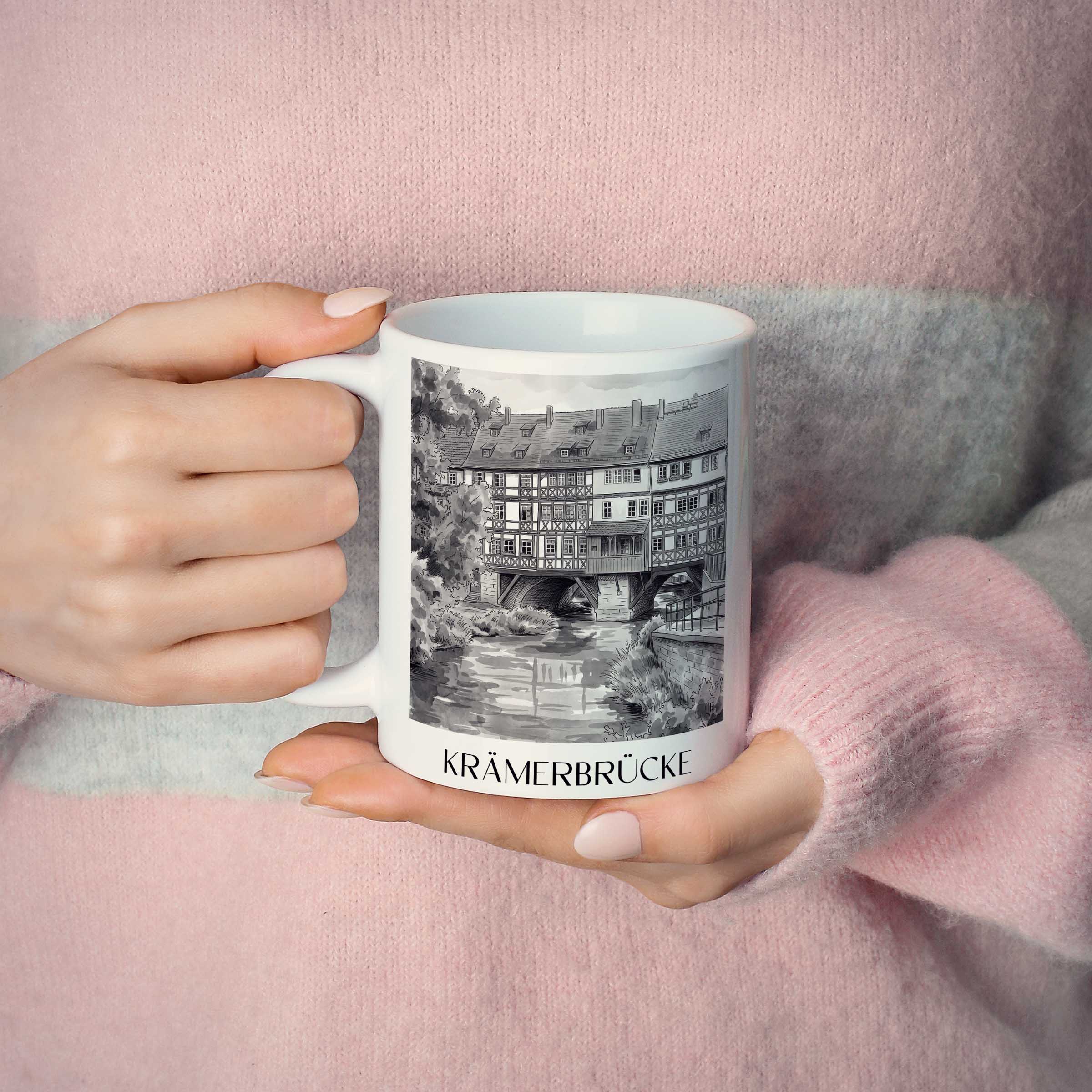 krämerbrücke-erfurt-deutschland-kaffeebecher-aquarell-schwarz-weiss