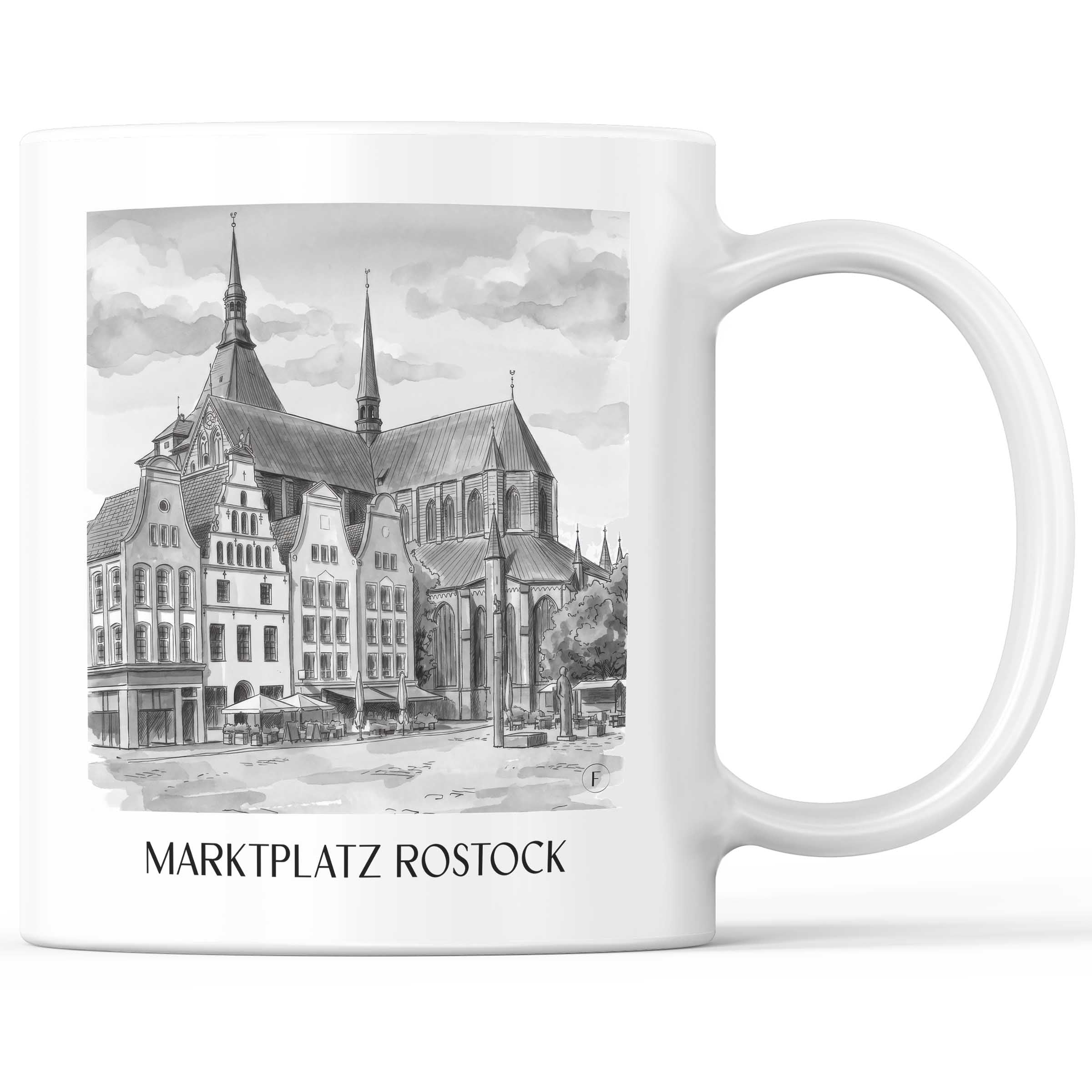 marktplatz-rostock-deutschland-kaffeebecher-aquarell-schwarz-weiss