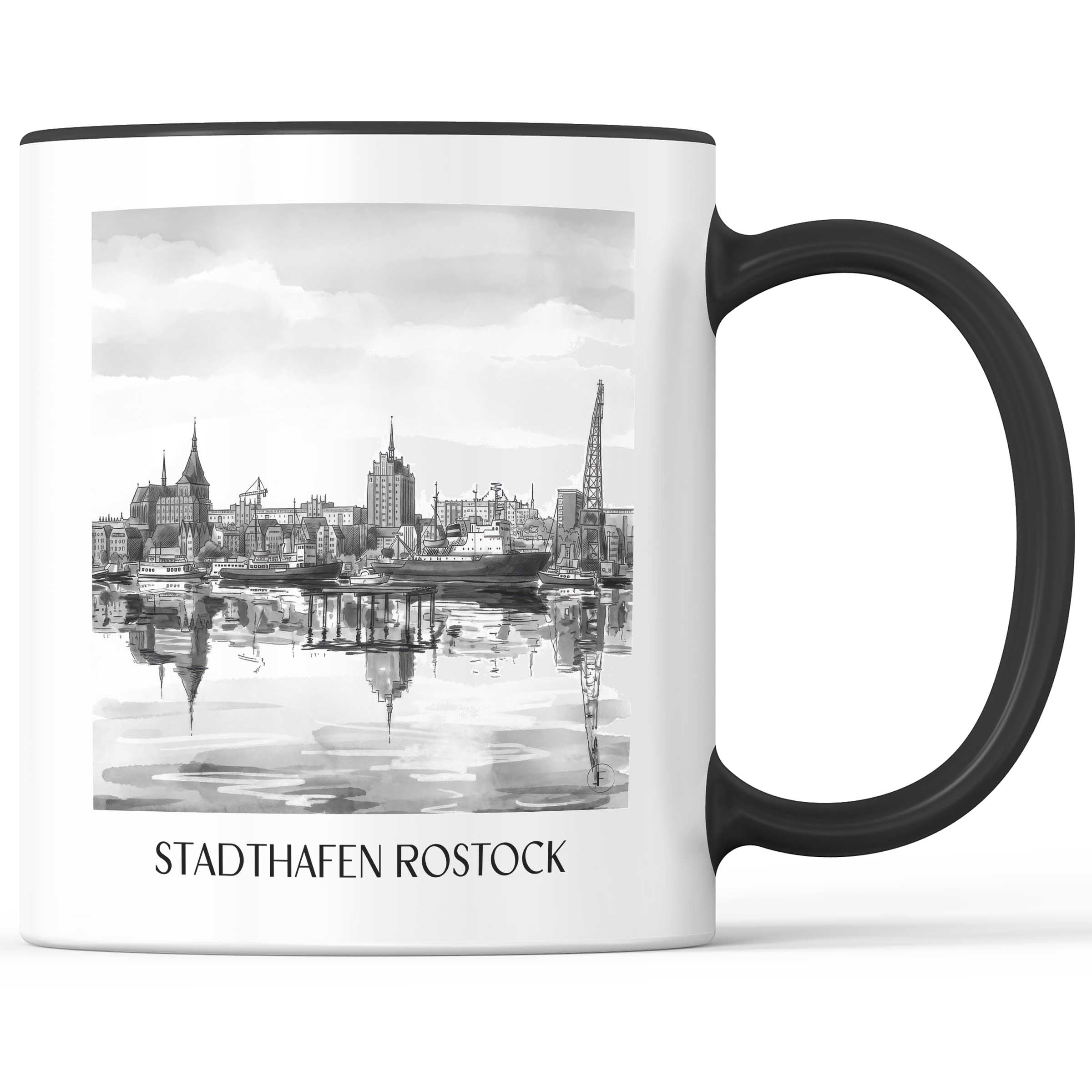 stadthafen-rostock-deutschland-kaffeebecher-aquarell-schwarz-weiss