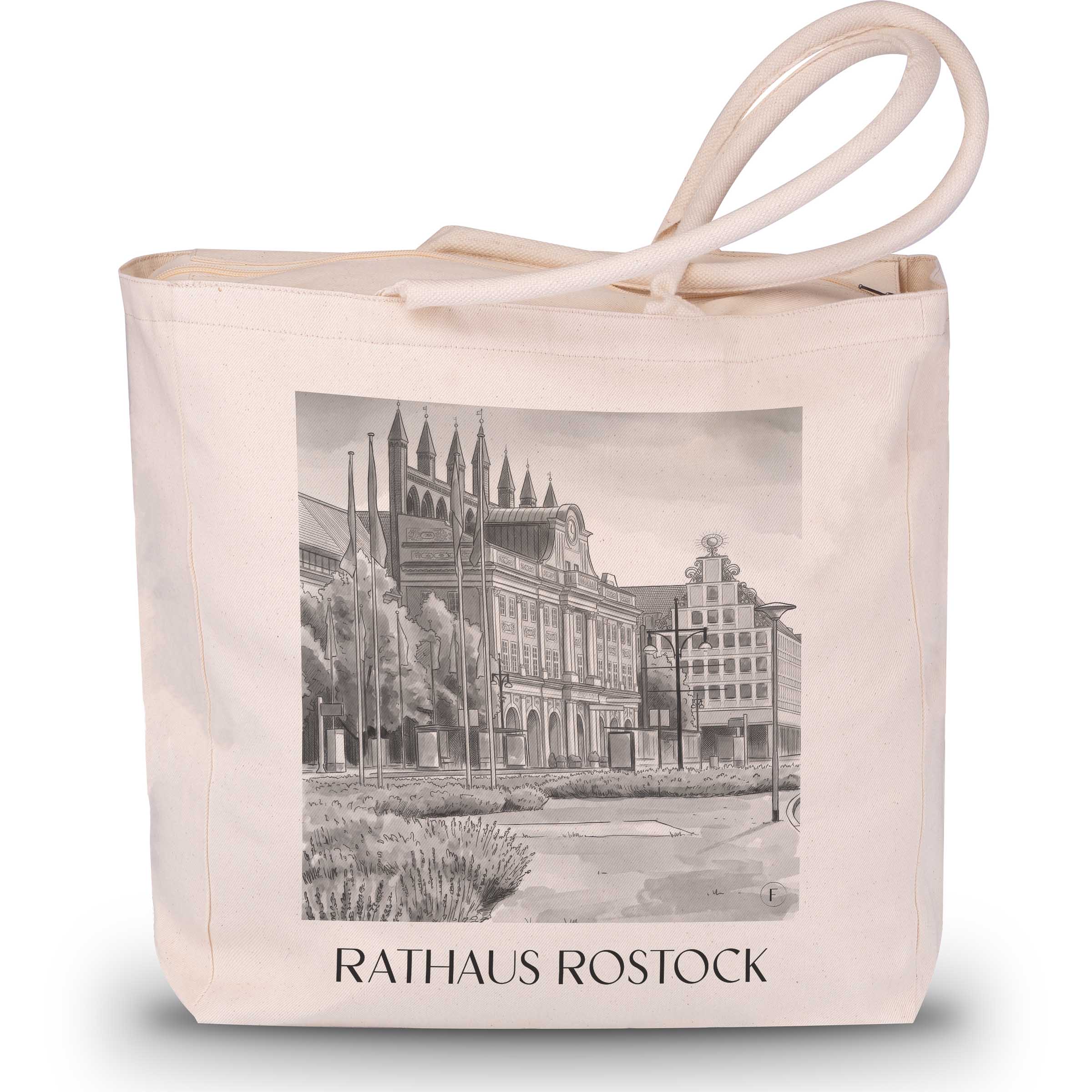 rathaus-rostock-deutschland-einkaufstasche-aquarell-schwarz-weiss
