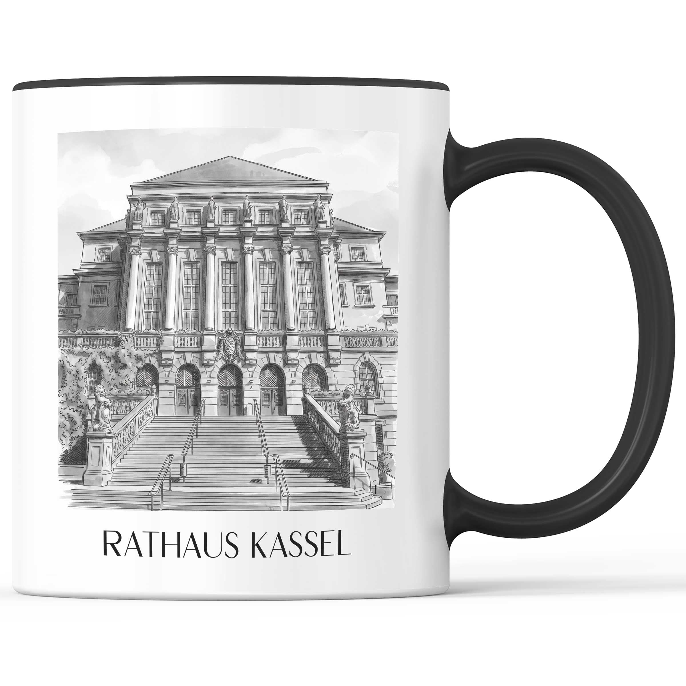 rathaus-kassel-deutschland-kaffeebecher-aquarell-schwarz-weiss