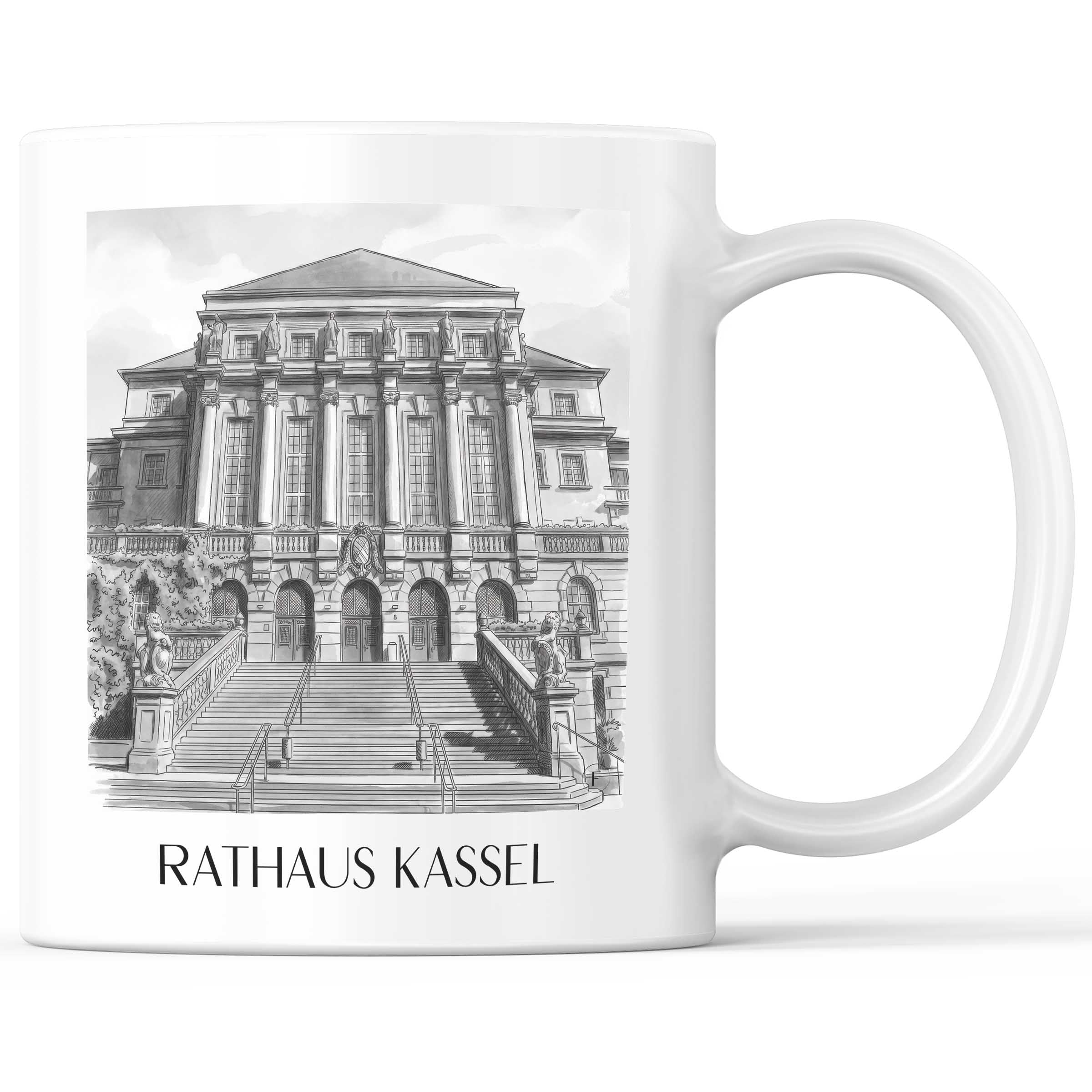 rathaus-kassel-deutschland-kaffeebecher-aquarell-schwarz-weiss