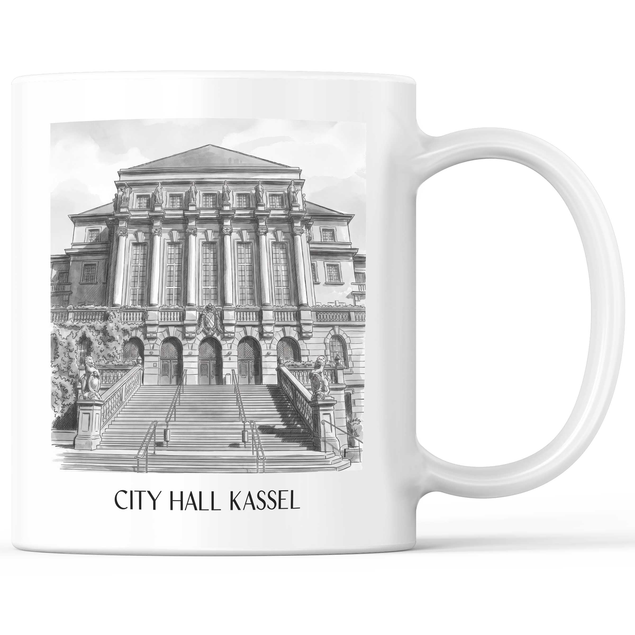 Rathaus Kaffeebecher - Kassel - Deutschland Becher - Kaffeetasse im Aquarell Schwarz-Weiß Stil