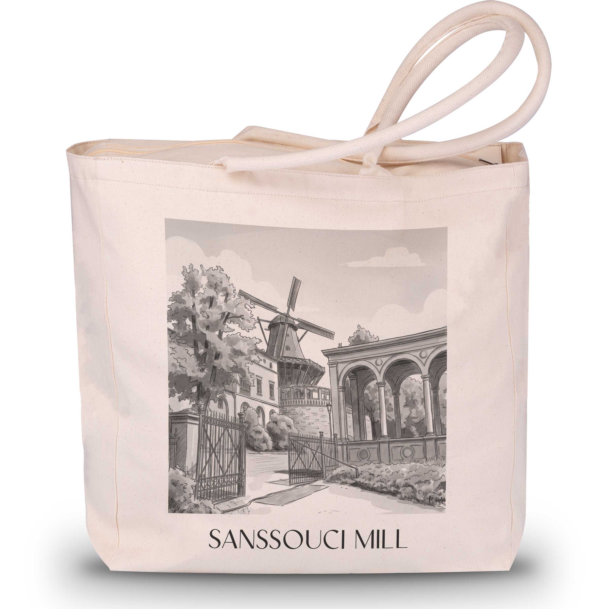 Mühle von Sanssouci Shopping Tasche - Potsdam - Deutschland Tote Bag - Einkaufstasche im Aquarell Schwarz-Weiß Stil