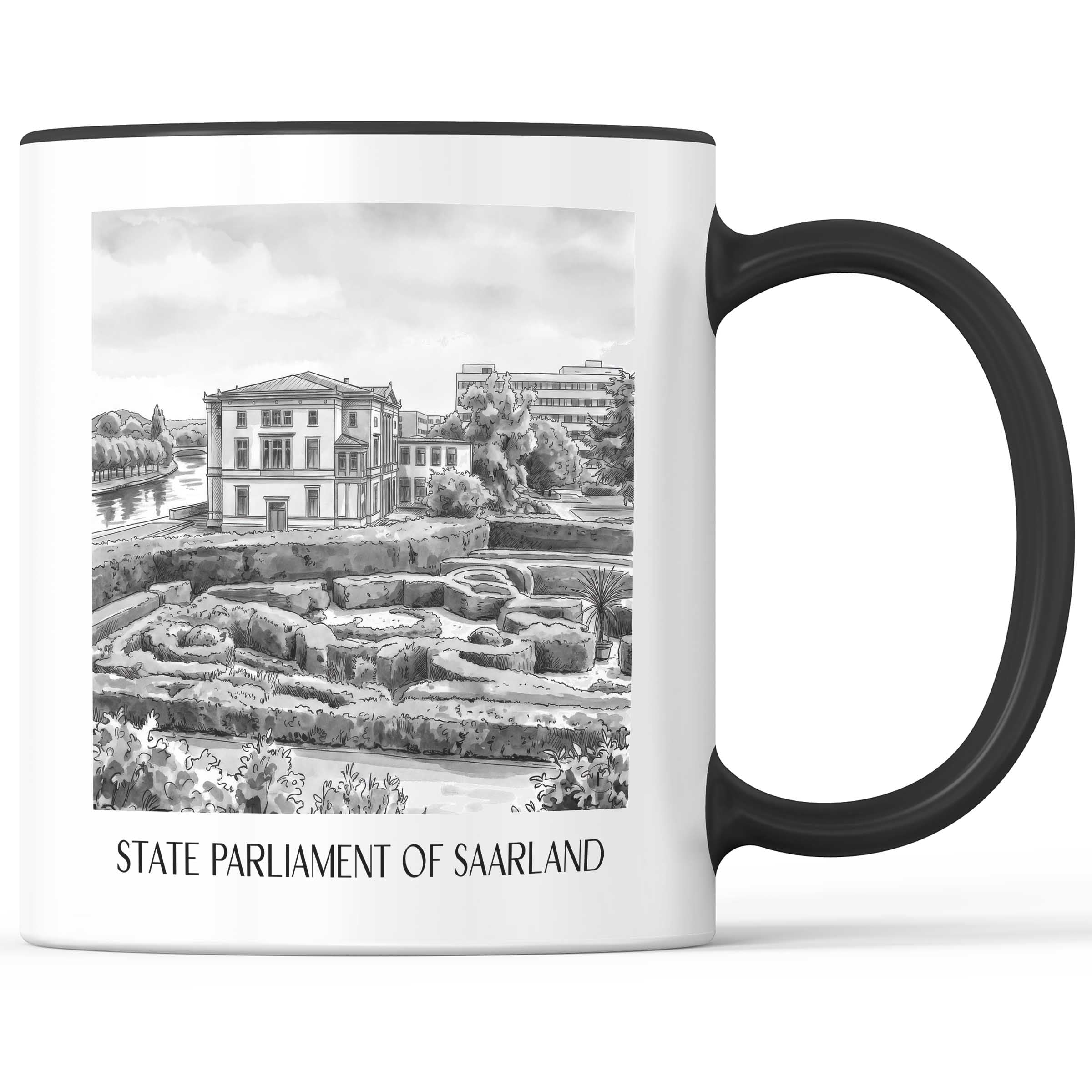 Landtag des Saarlandes Kaffeebecher - Saarbrücken - Deutschland Becher - Kaffeetasse im Aquarell Schwarz-Weiß Stil